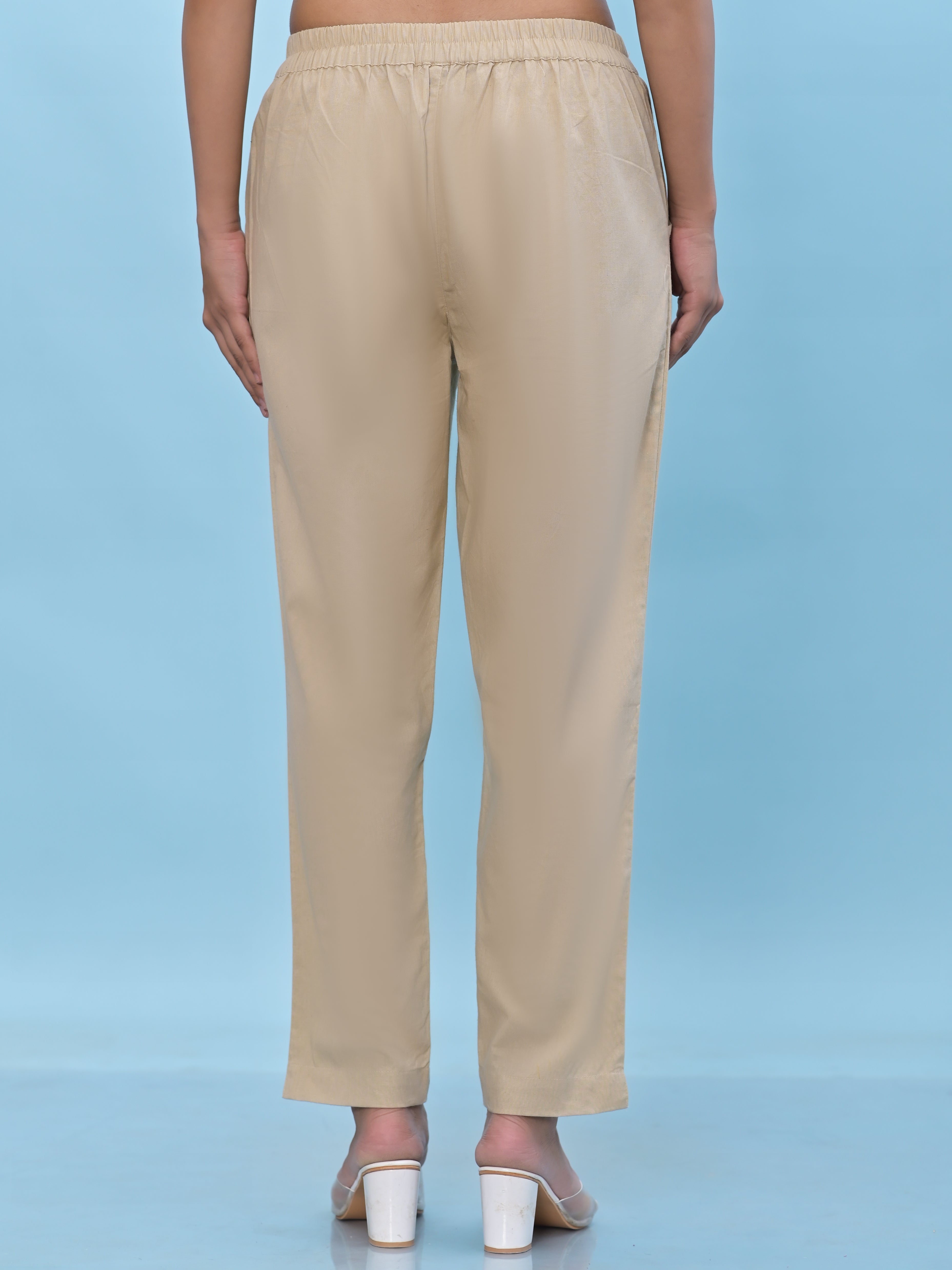 Juniper Women Beige Solid Cotton Pants With Partially Elasticated Waistband And Two Side Pockets