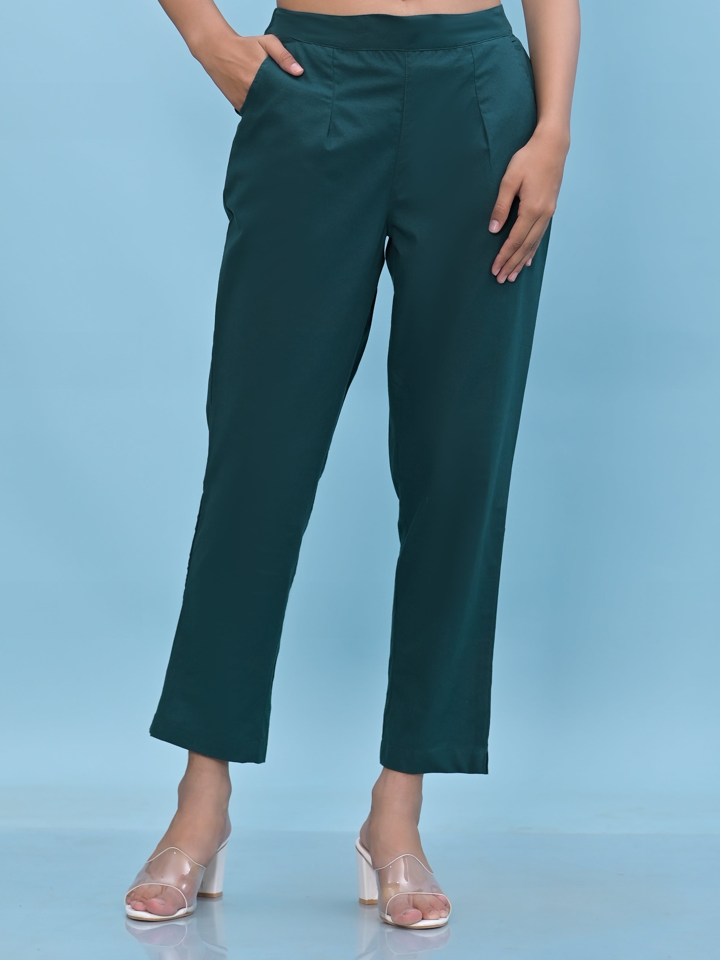Juniper Women Green Solid Cotton Pants With Partially Elasticated Waistband And Two Side Pockets