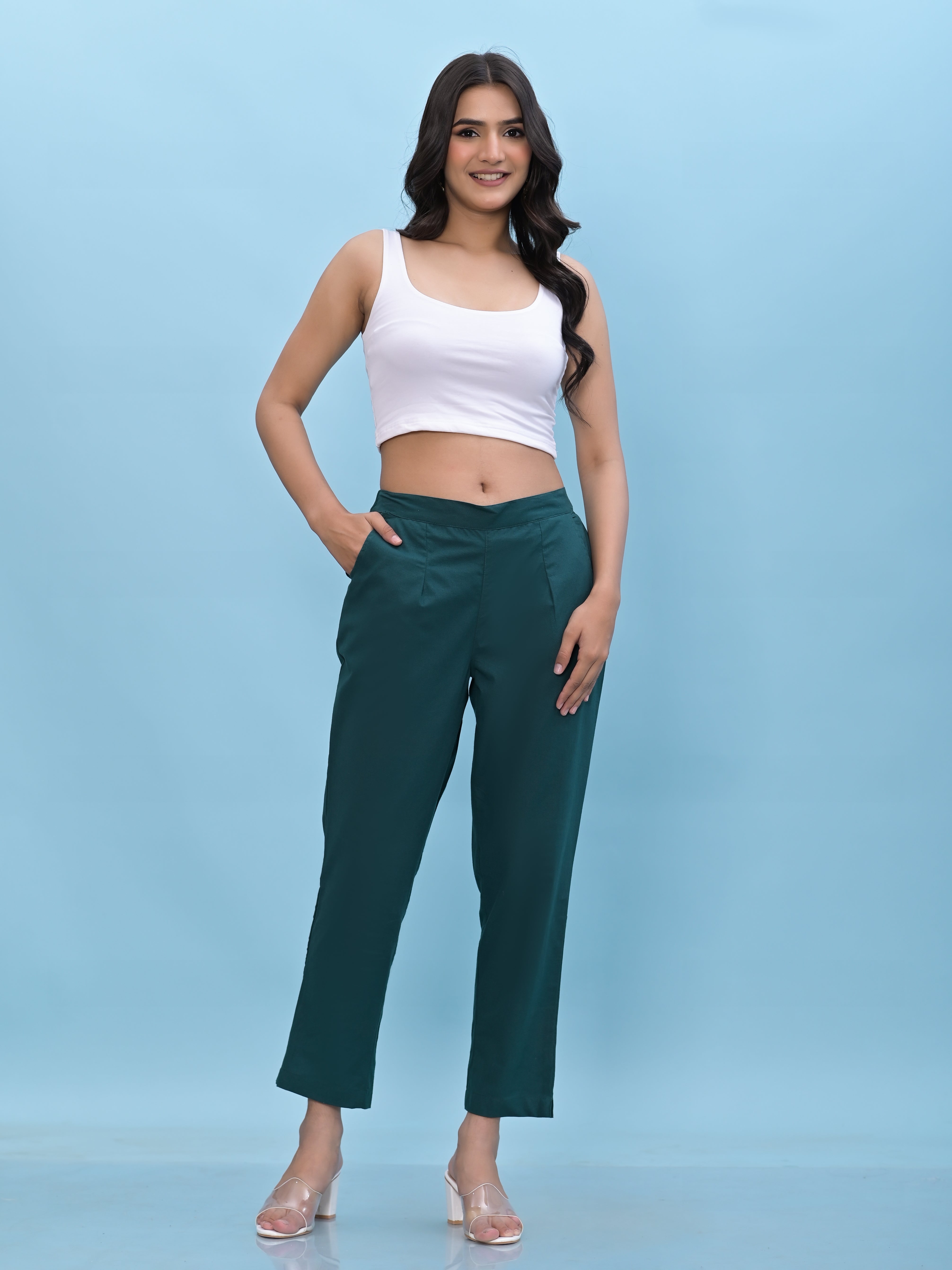 Juniper Women Green Solid Cotton Pants With Partially Elasticated Waistband And Two Side Pockets