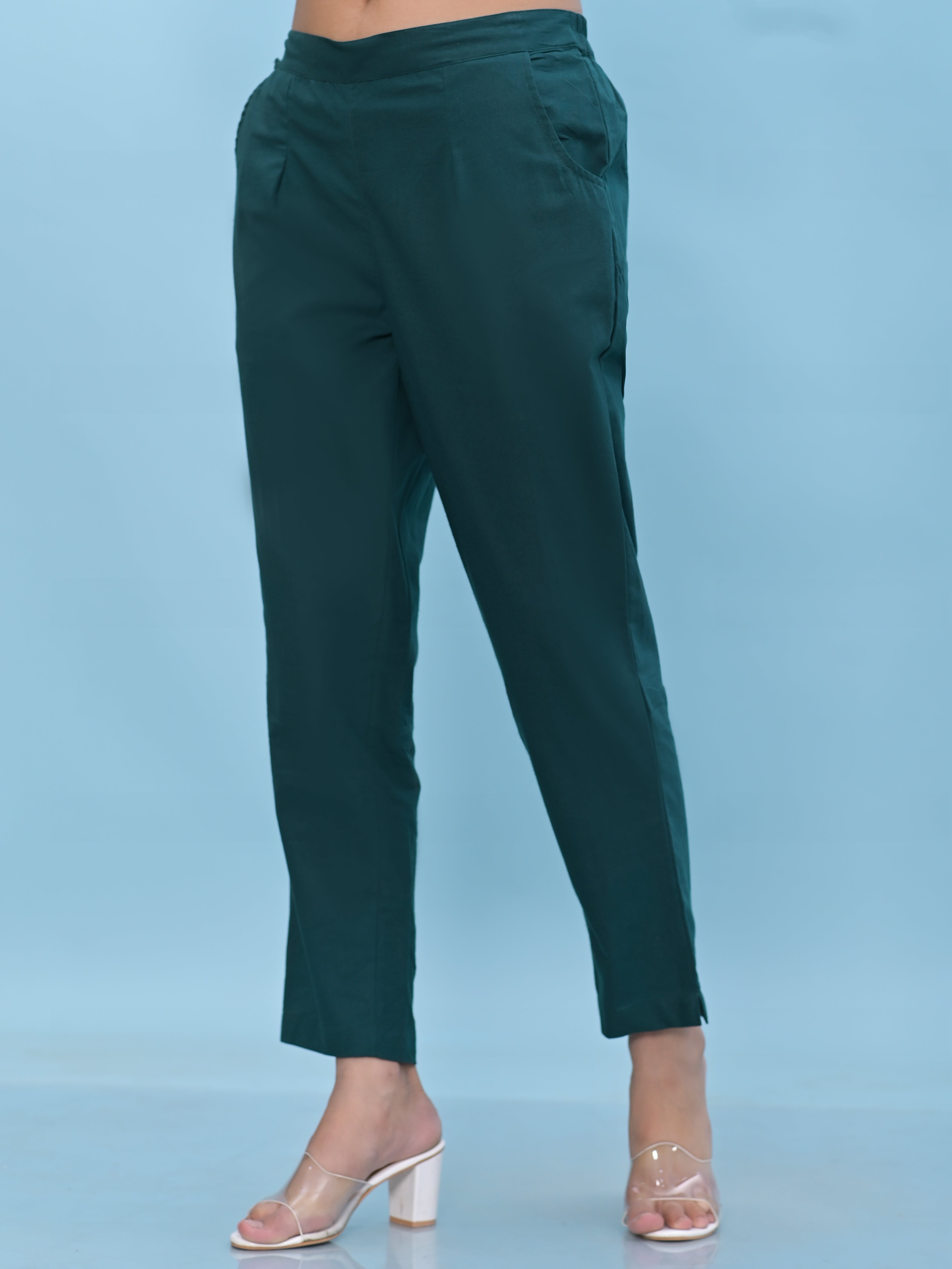 Juniper Women Green Solid Cotton Pants With Partially Elasticated Waistband And Two Side Pockets