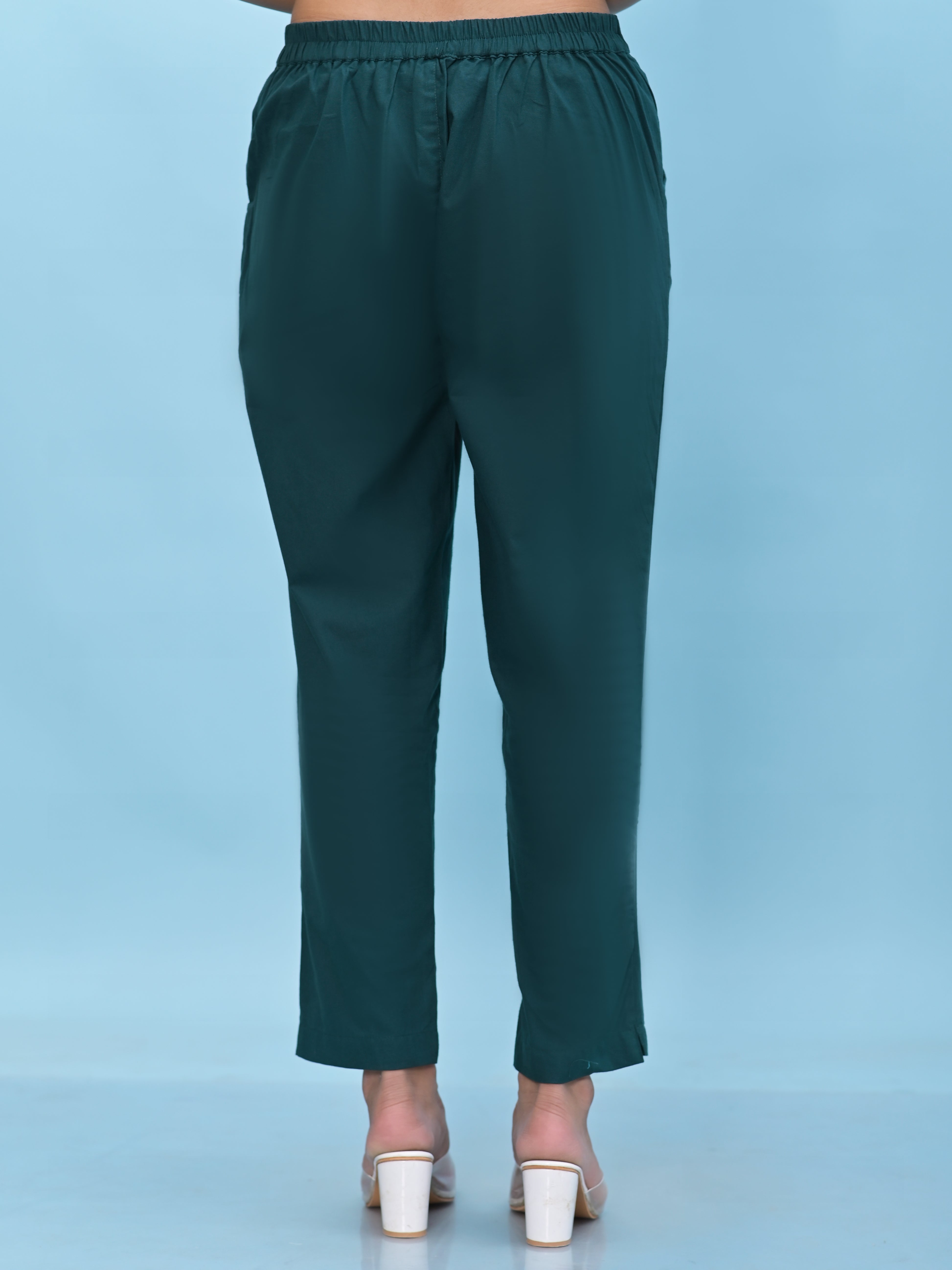 Juniper Women Green Solid Cotton Pants With Partially Elasticated Waistband And Two Side Pockets