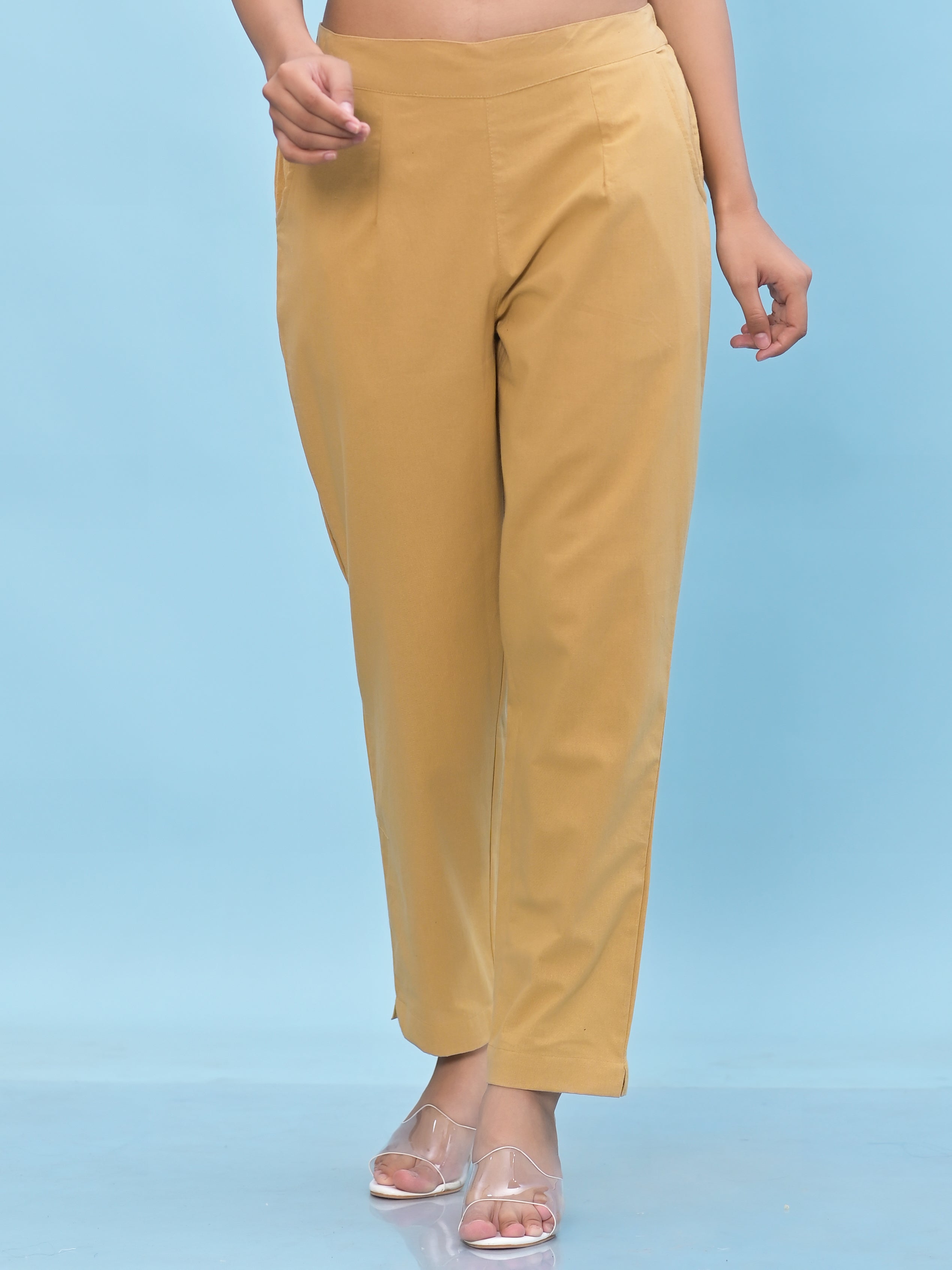 Juniper Women Gold Solid Cotton Pants With Partially Elasticated Waistband And Two Side Pockets