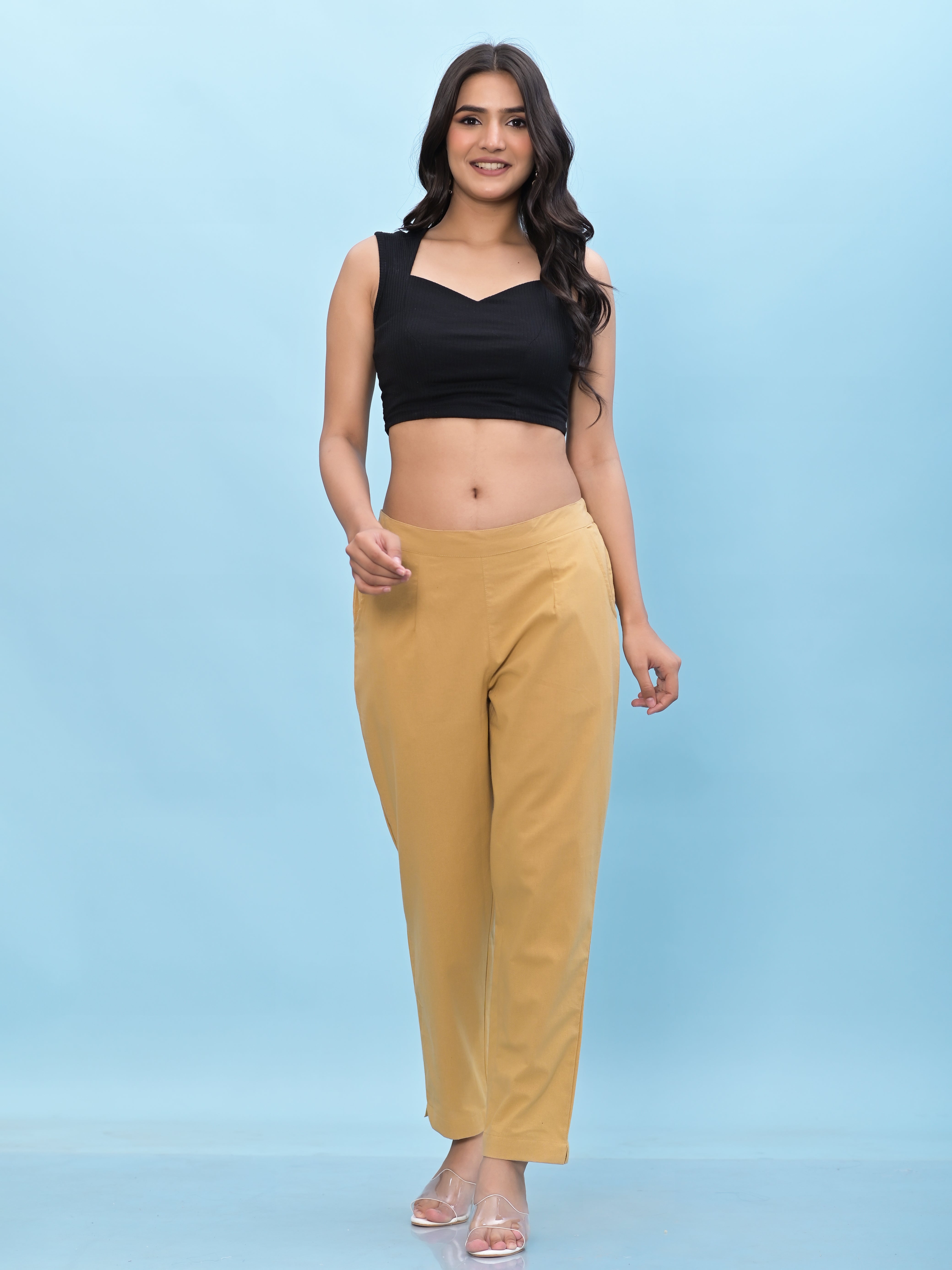 Juniper Women Gold Solid Cotton Pants With Partially Elasticated Waistband And Two Side Pockets