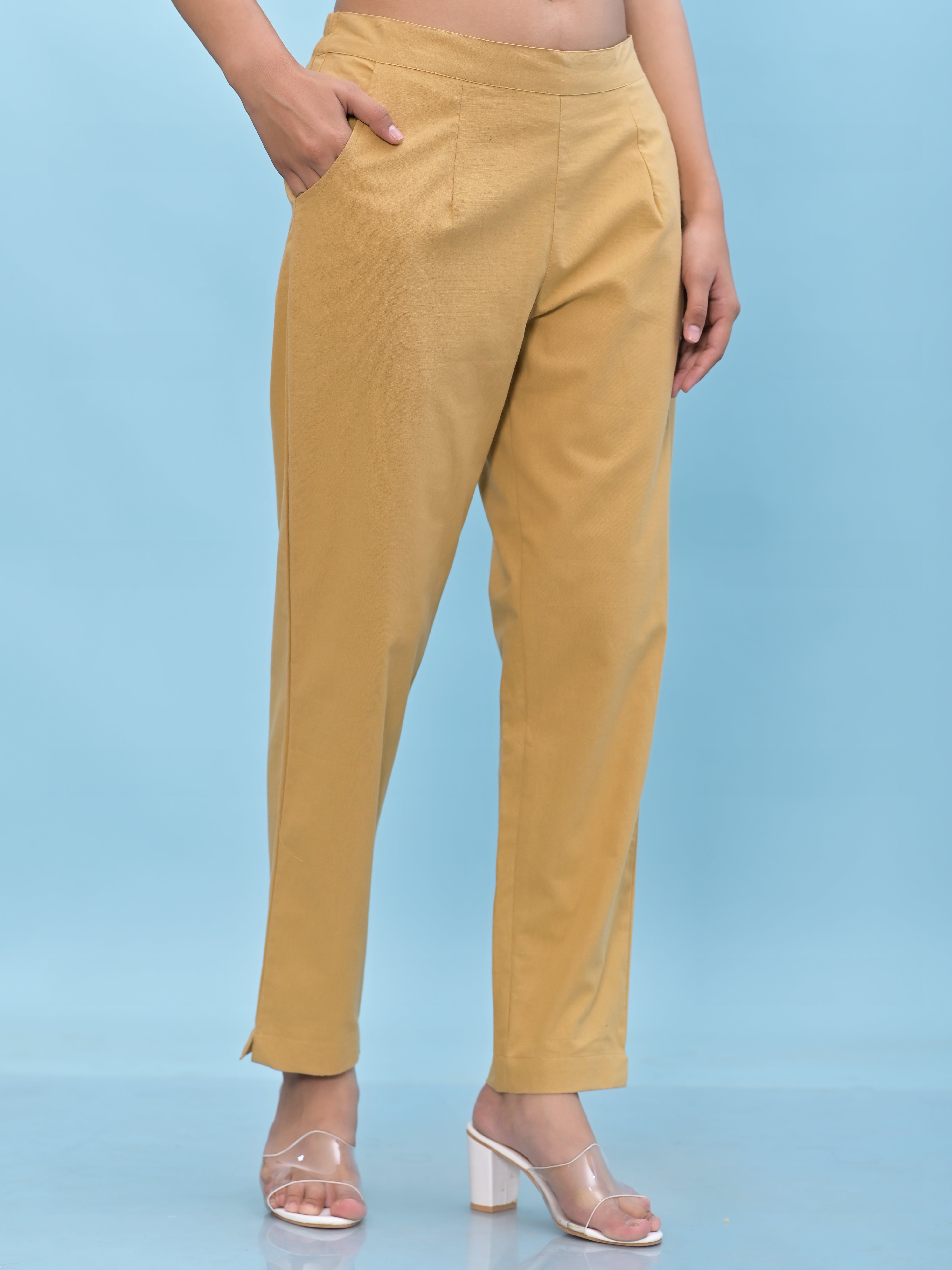Juniper Women Gold Solid Cotton Pants With Partially Elasticated Waistband And Two Side Pockets