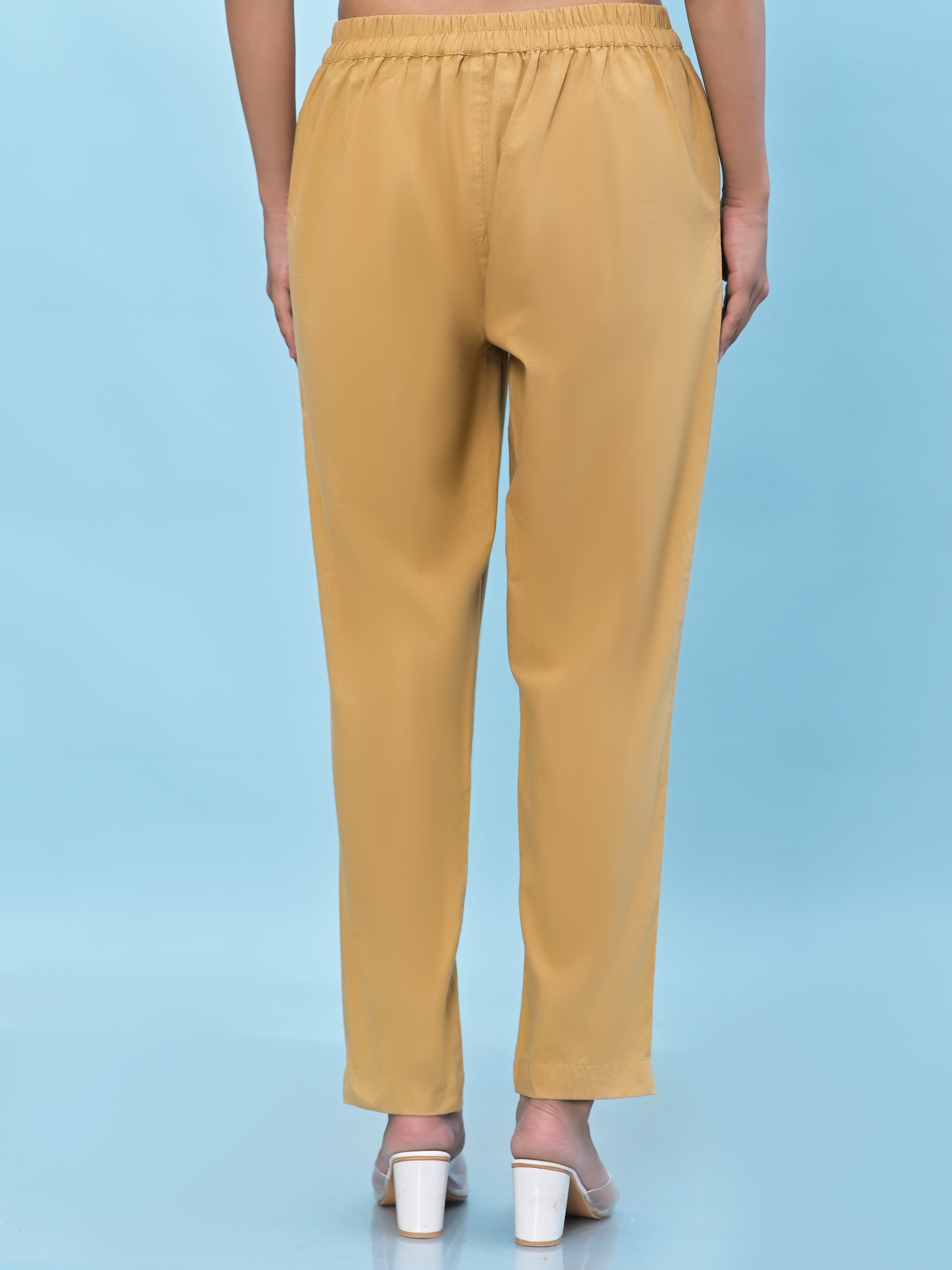 Juniper Women Gold Solid Cotton Pants With Partially Elasticated Waistband And Two Side Pockets