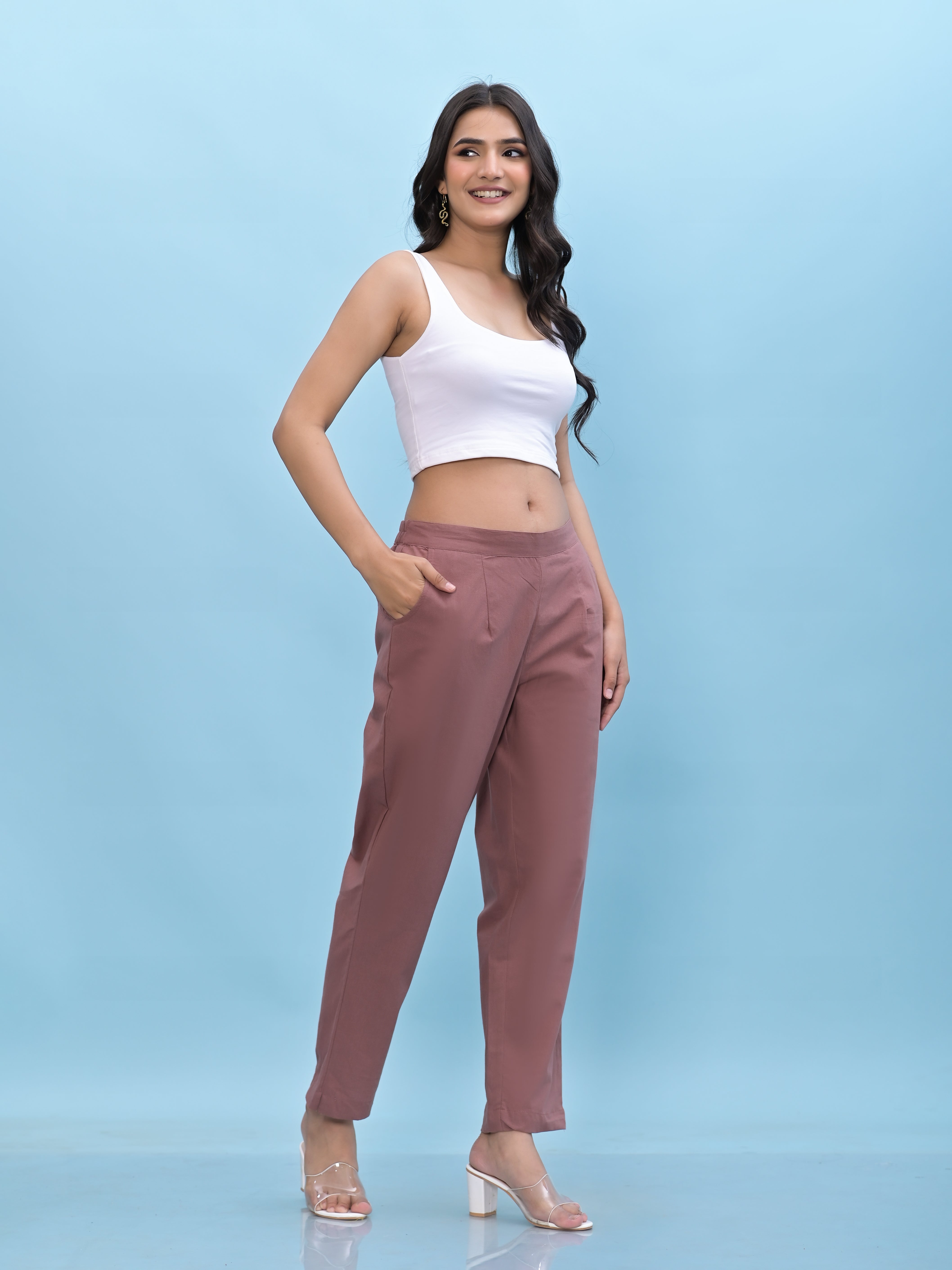 Juniper Women Mauve Solid Cotton Pants With Partially Elasticated Waistband And Two Side Pockets