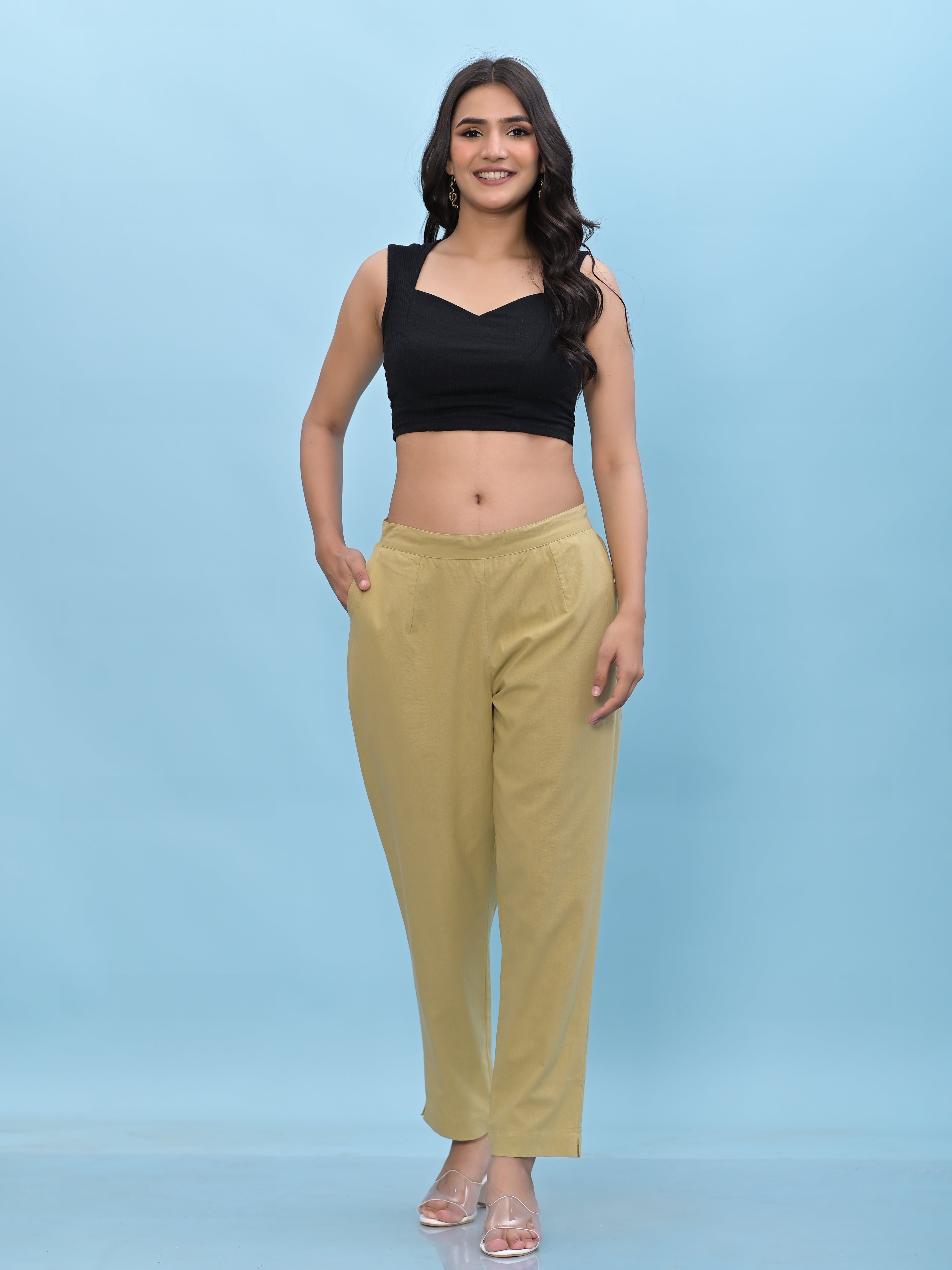 Juniper Women Olive Solid Cotton Pants With Partially Elasticated Waistband And Two Side Pockets