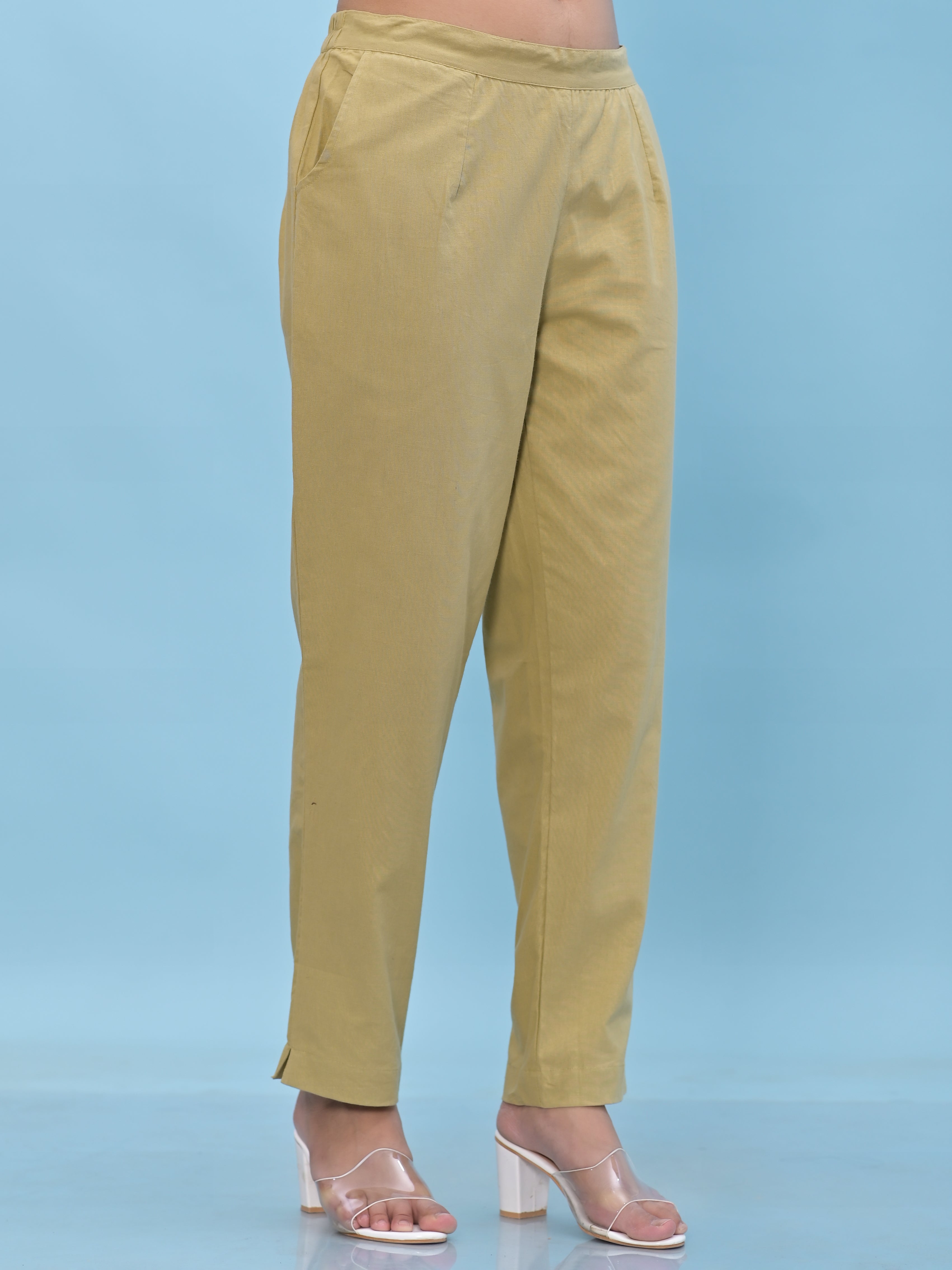 Juniper Women Olive Solid Cotton Pants With Partially Elasticated Waistband And Two Side Pockets