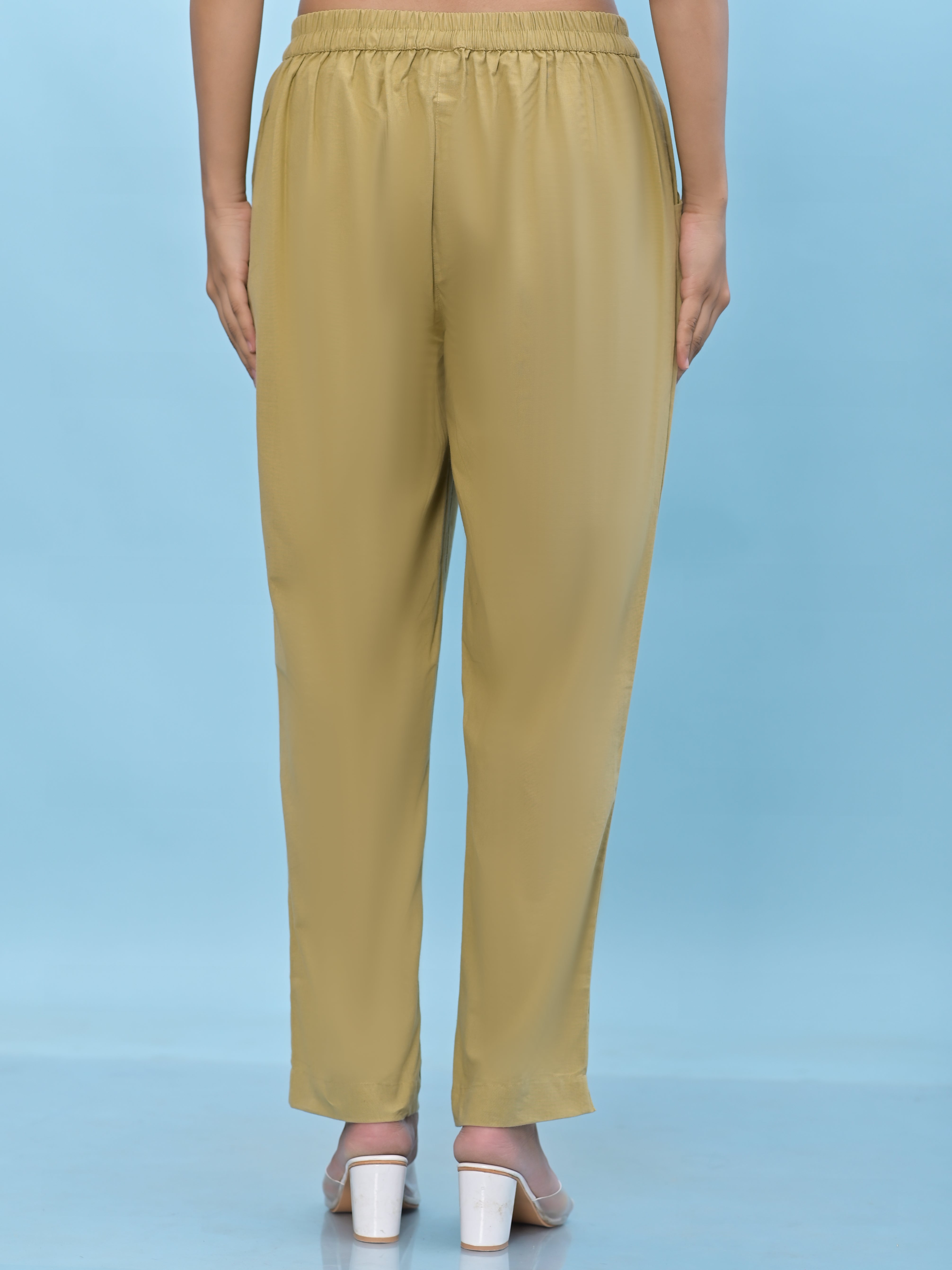 Juniper Women Olive Solid Cotton Pants With Partially Elasticated Waistband And Two Side Pockets