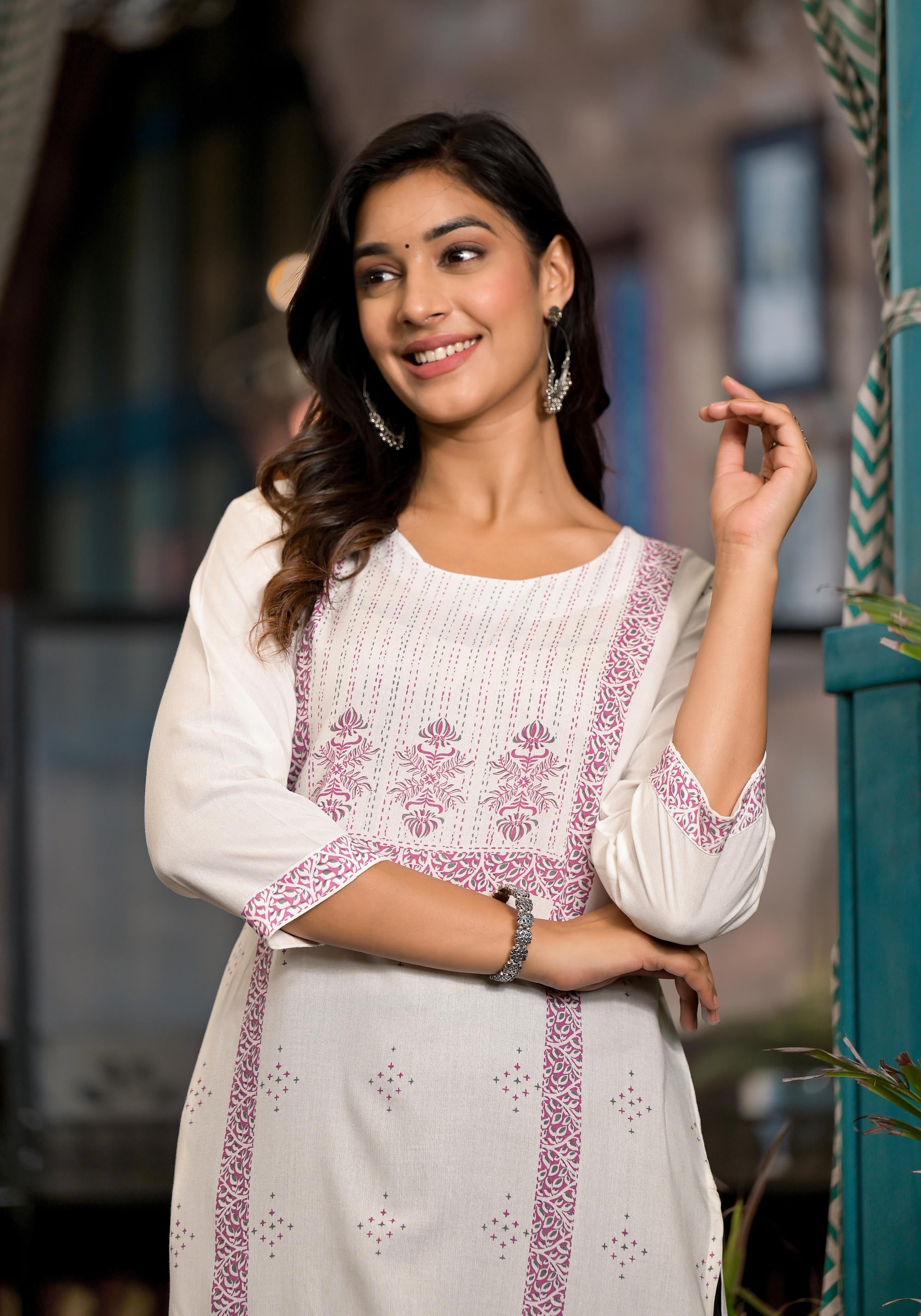 White Ethnic Motif Printed Liva Rayon Round Neck Kurta With Straight Hemline For Women