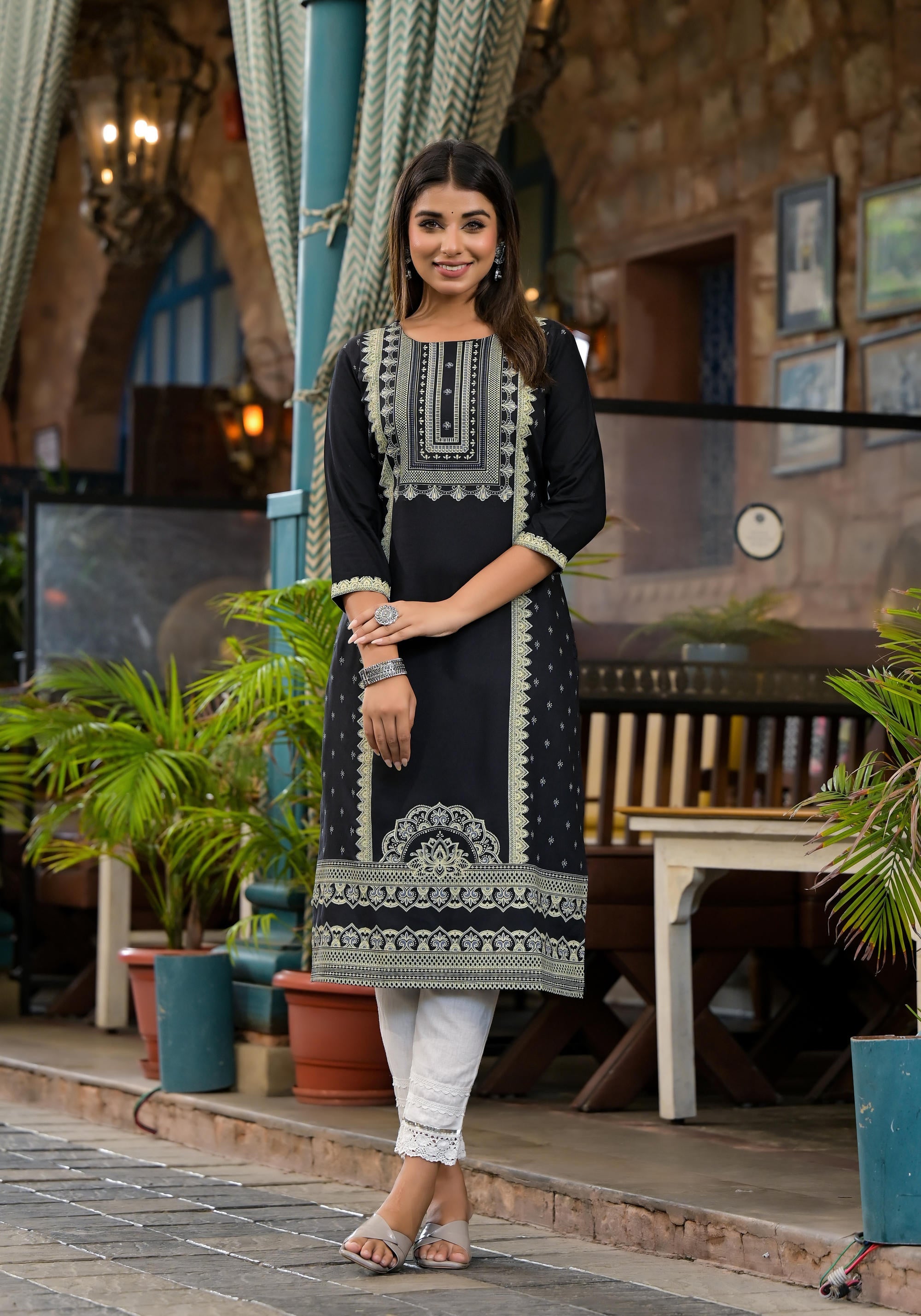 Black Ethnic Motif Printed Liva Rayon Kurta With Straight Hemline And Buttons