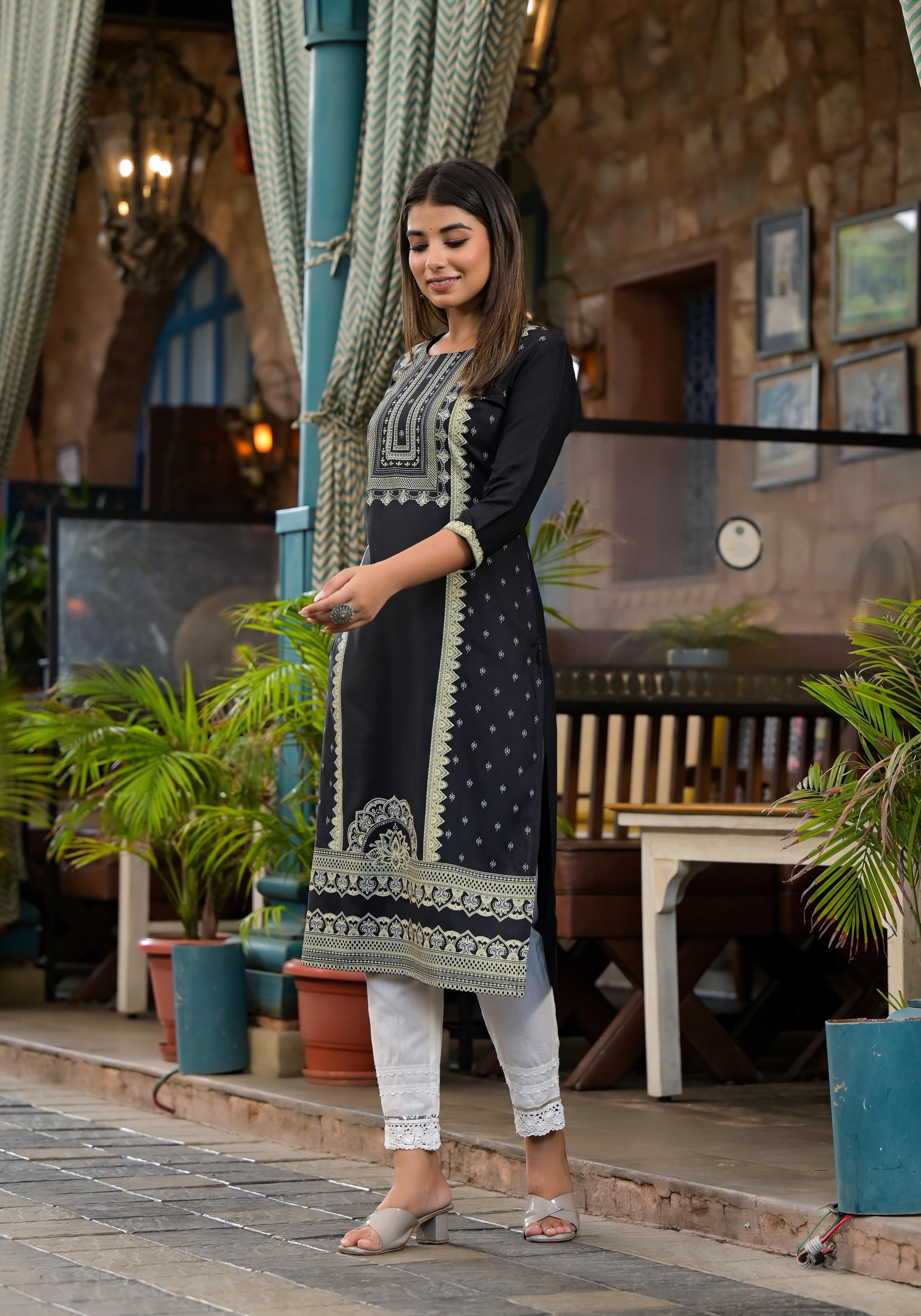 Black Ethnic Motif Printed Liva Rayon Kurta With Straight Hemline And Buttons