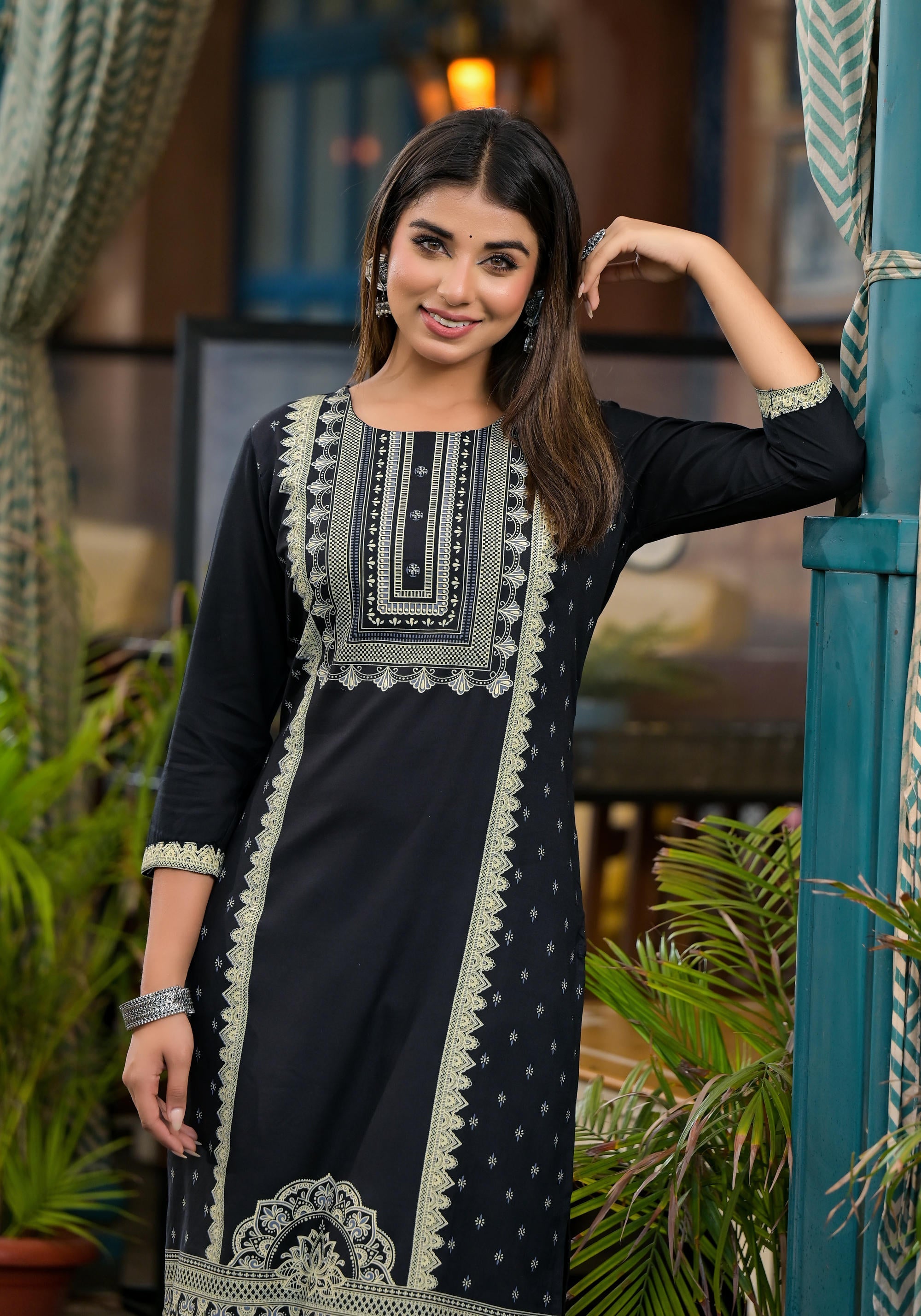 Black Ethnic Motif Printed Liva Rayon Kurta With Straight Hemline And Buttons