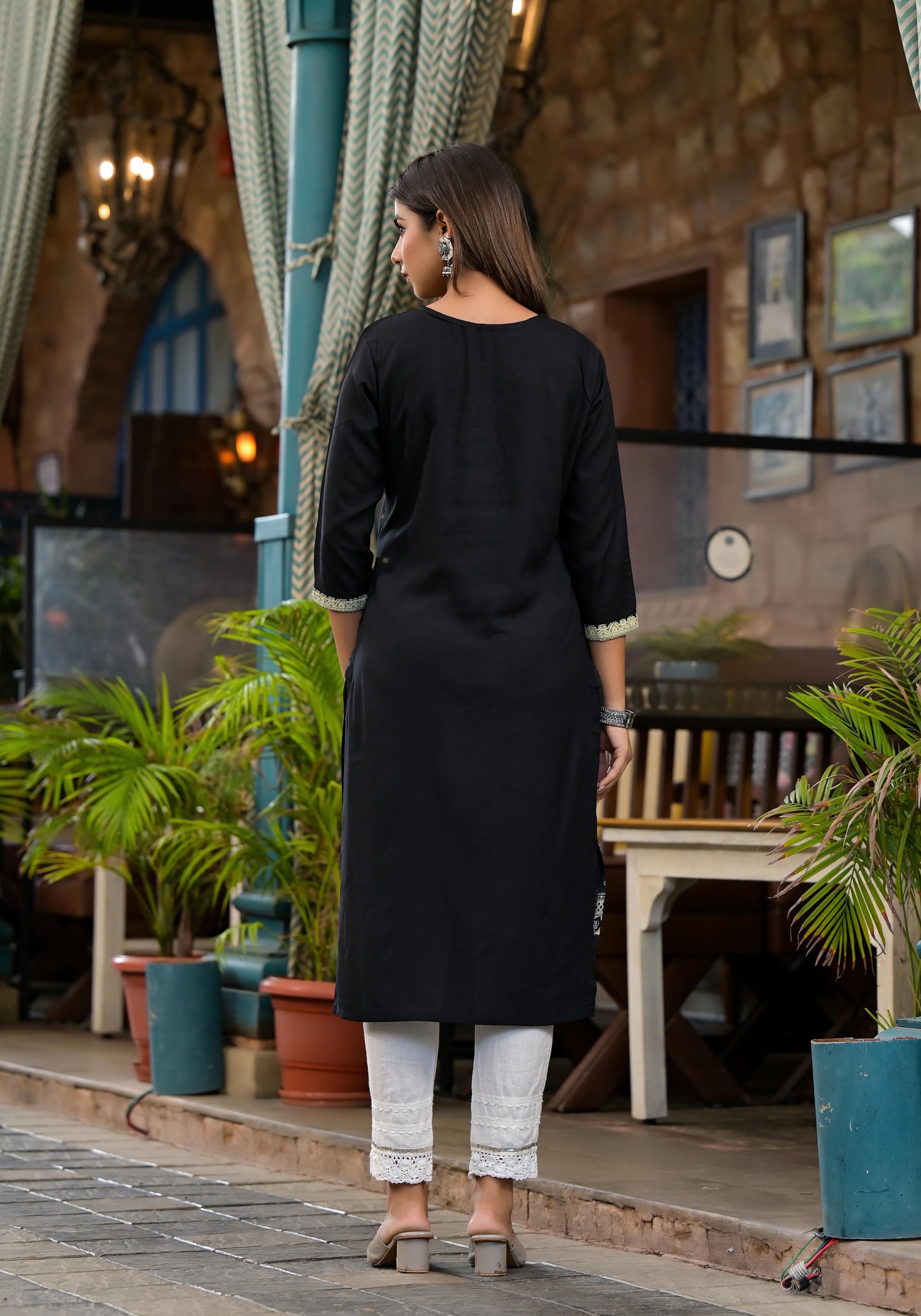 Black Ethnic Motif Printed Liva Rayon Kurta With Straight Hemline And Buttons