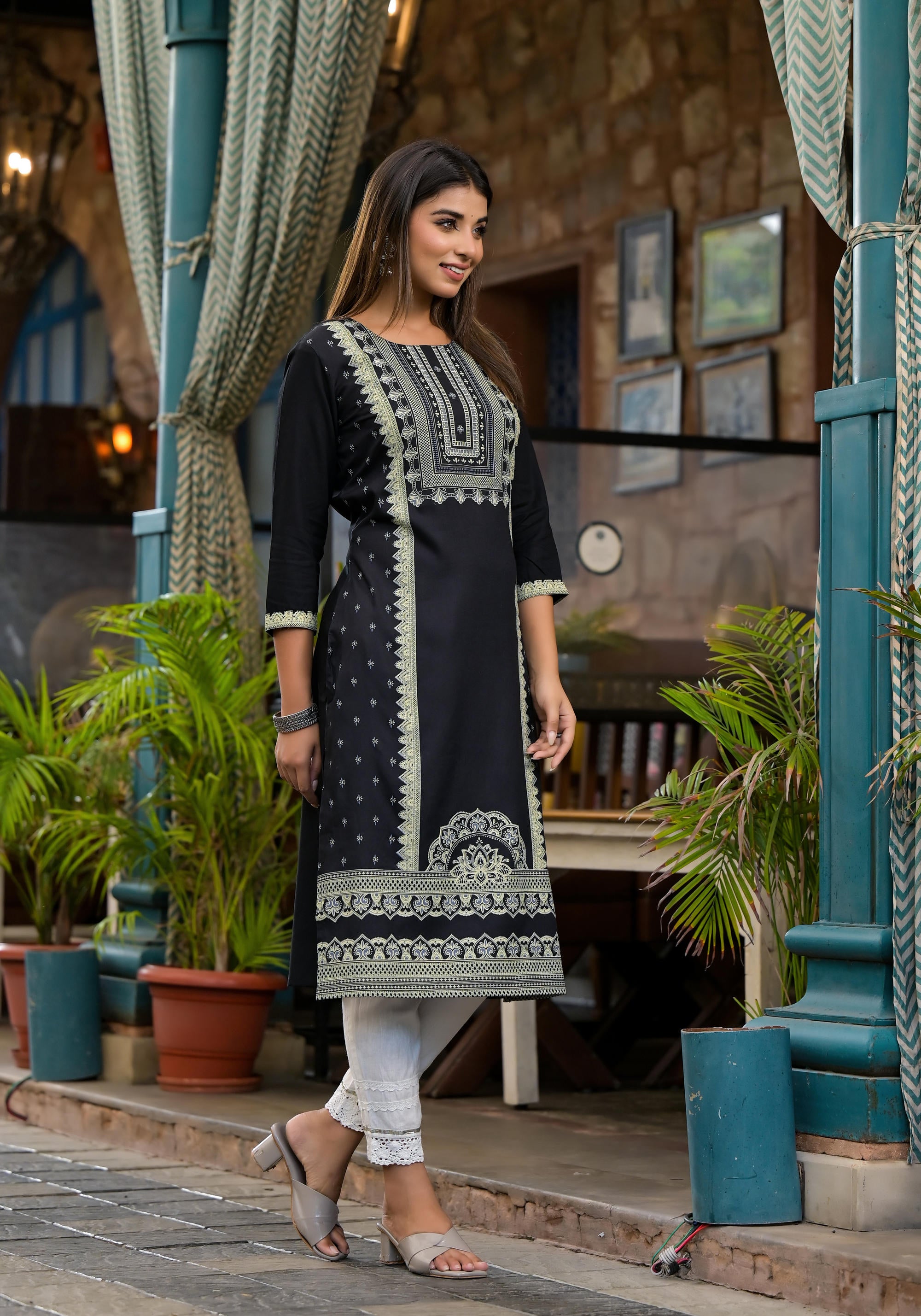 Black Ethnic Motif Printed Liva Rayon Kurta With Straight Hemline And Buttons