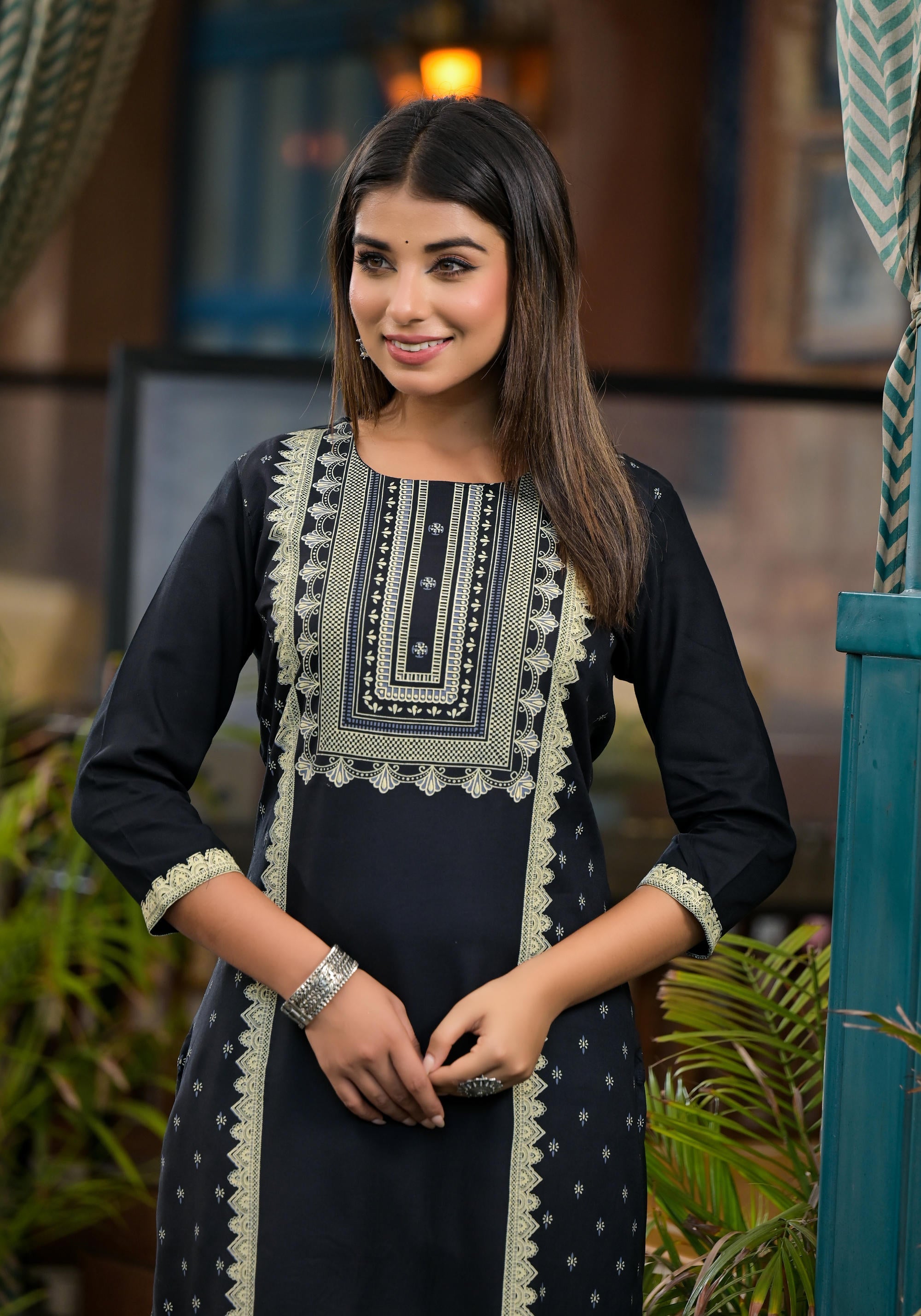 Black Ethnic Motif Printed Liva Rayon Kurta With Straight Hemline And Buttons