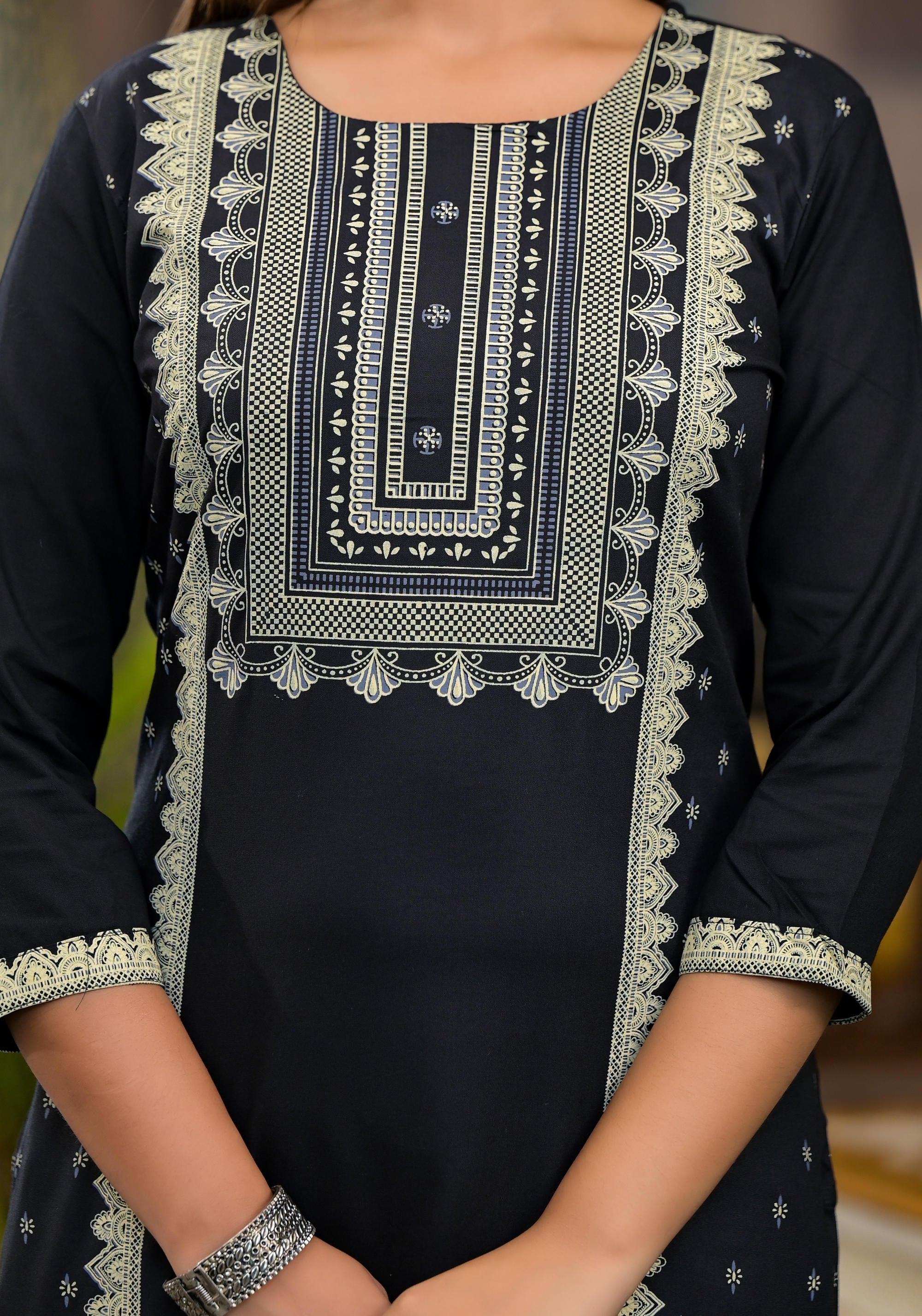 Black Ethnic Motif Printed Liva Rayon Kurta With Straight Hemline And Buttons
