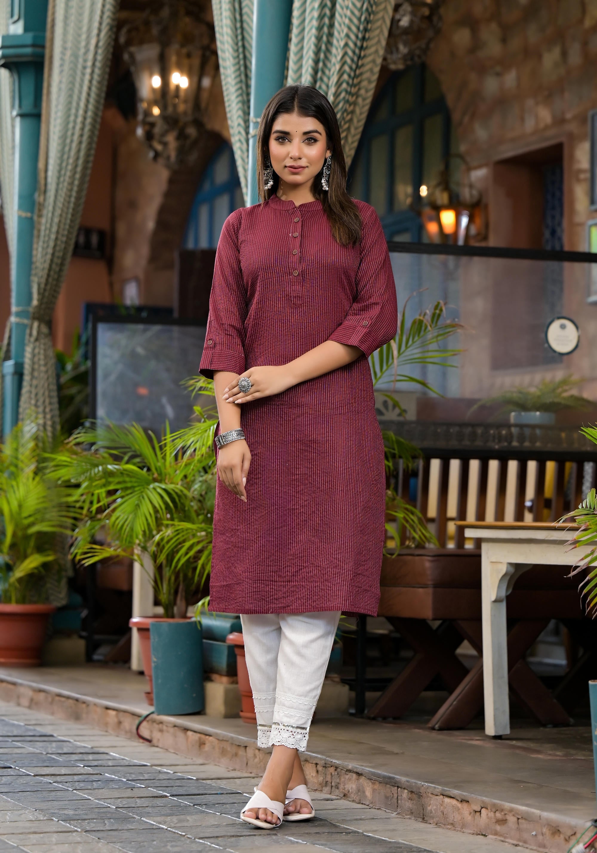 Maroon Striped Cotton Kurta with Button Detail Trendy Ethnic Fashion