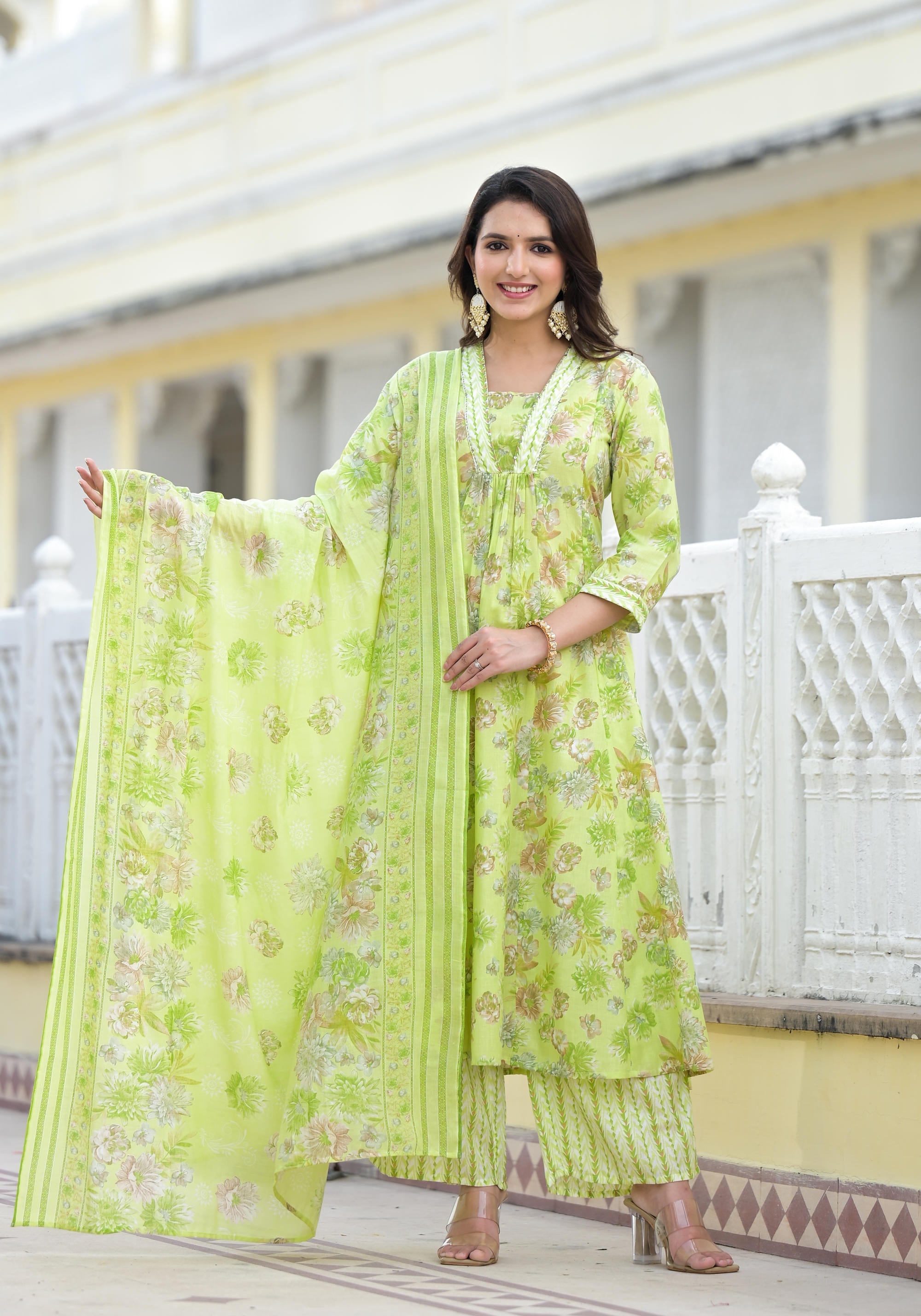 Pista Green Floral Printed Cotton Kurta Palazzo With Dupatta Set With Sequins