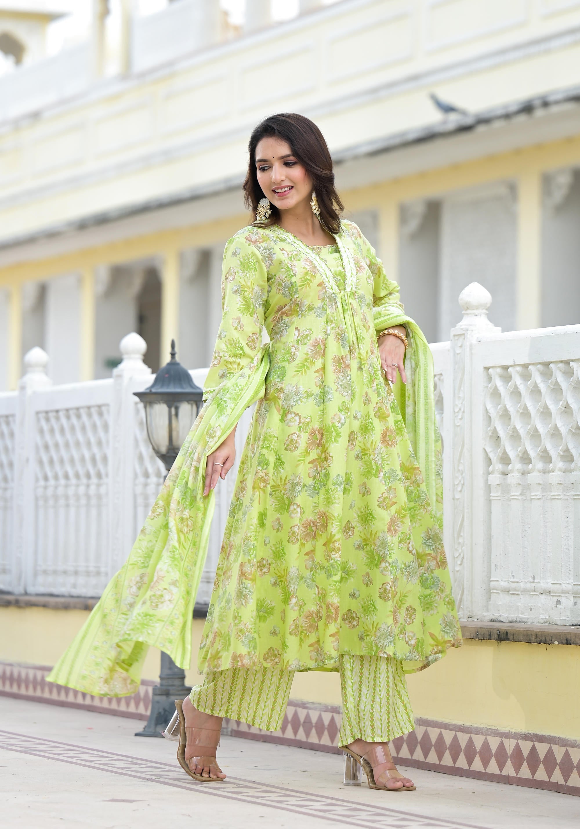 Pista Green Floral Printed Cotton Kurta Palazzo With Dupatta Set With Sequins