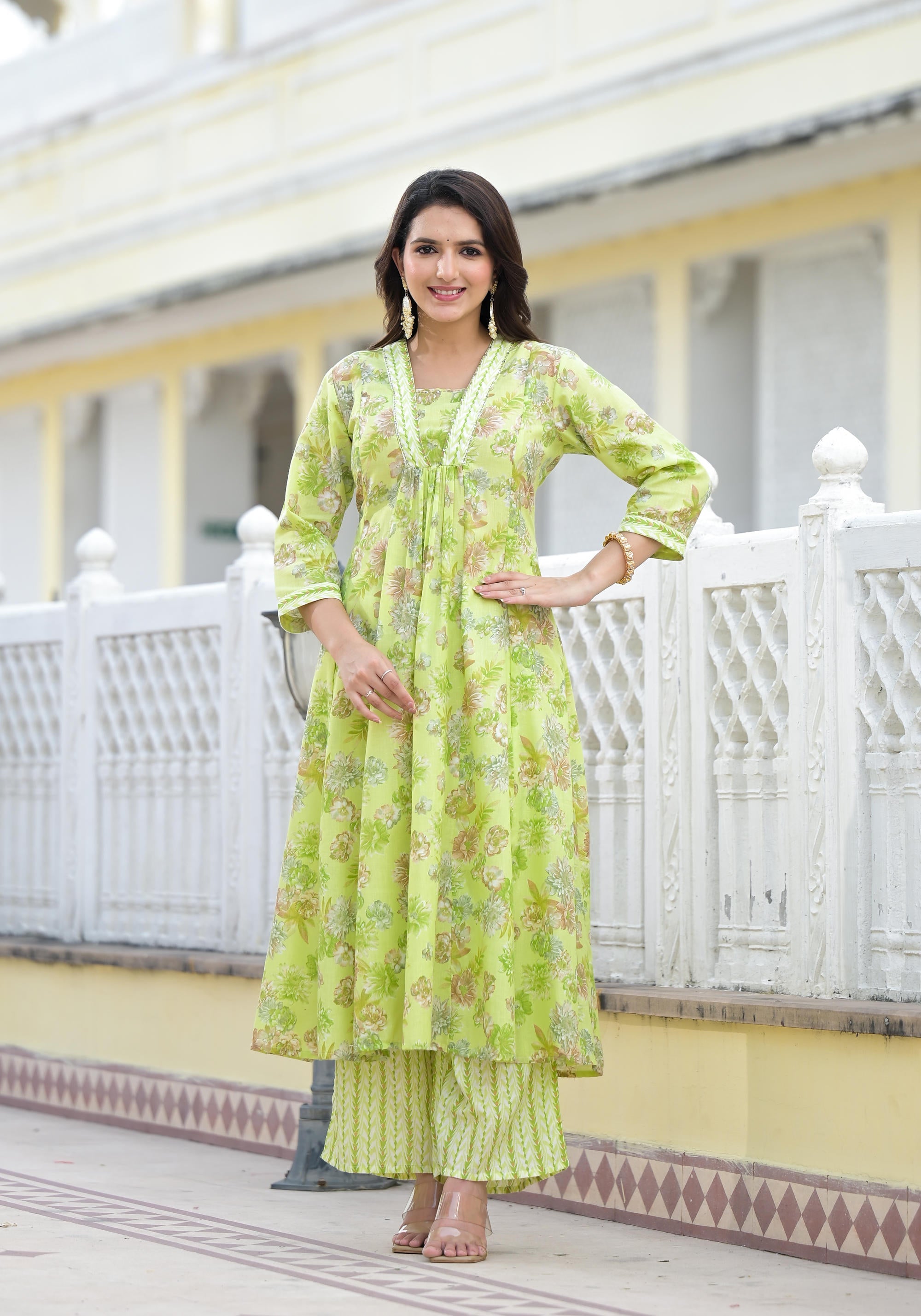 Pista Green Floral Printed Cotton Kurta Palazzo With Dupatta Set With Sequins