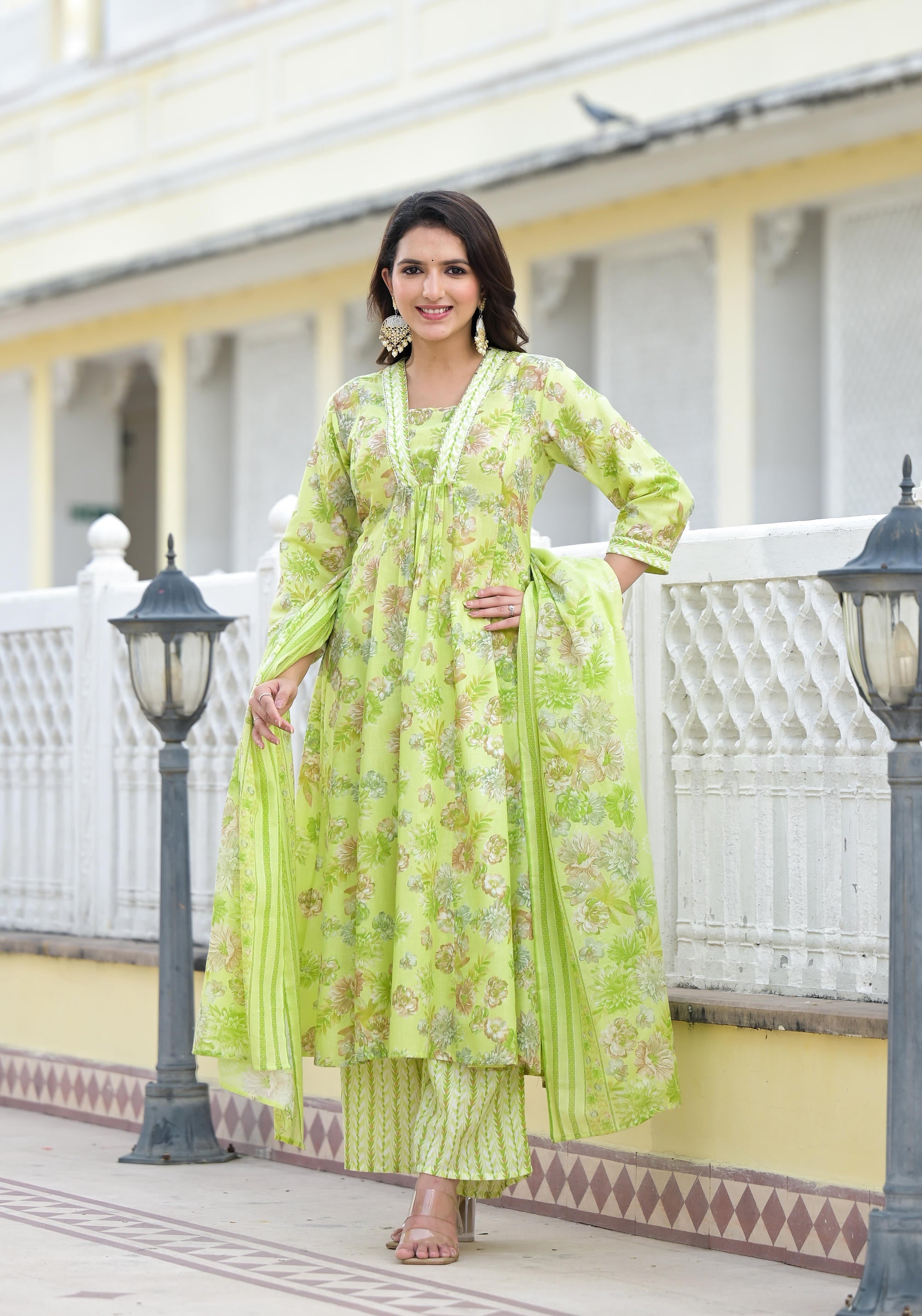 Pista Green Floral Printed Cotton Kurta Palazzo With Dupatta Set With Sequins