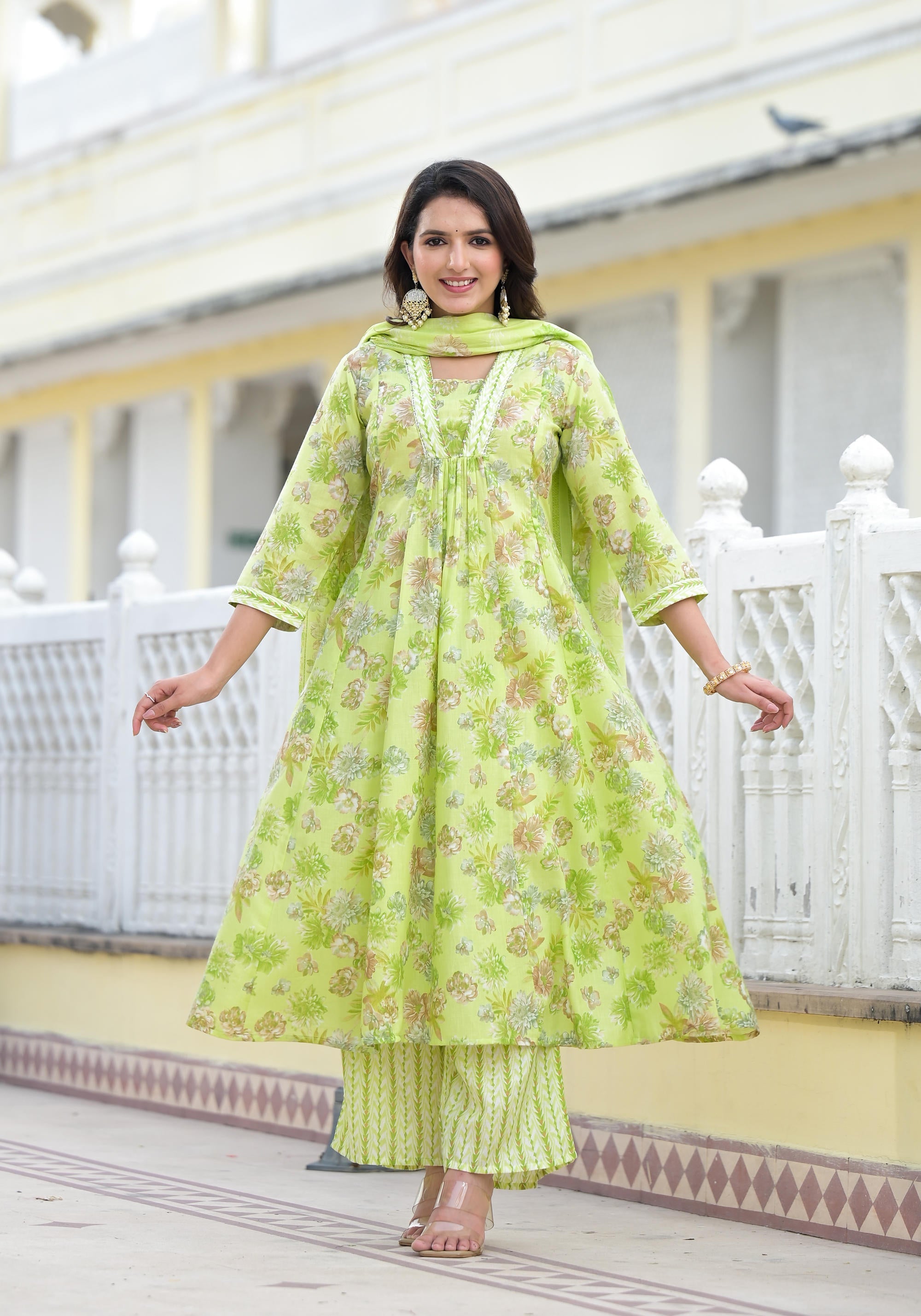 Pista Green Floral Printed Cotton Kurta Palazzo With Dupatta Set With Sequins