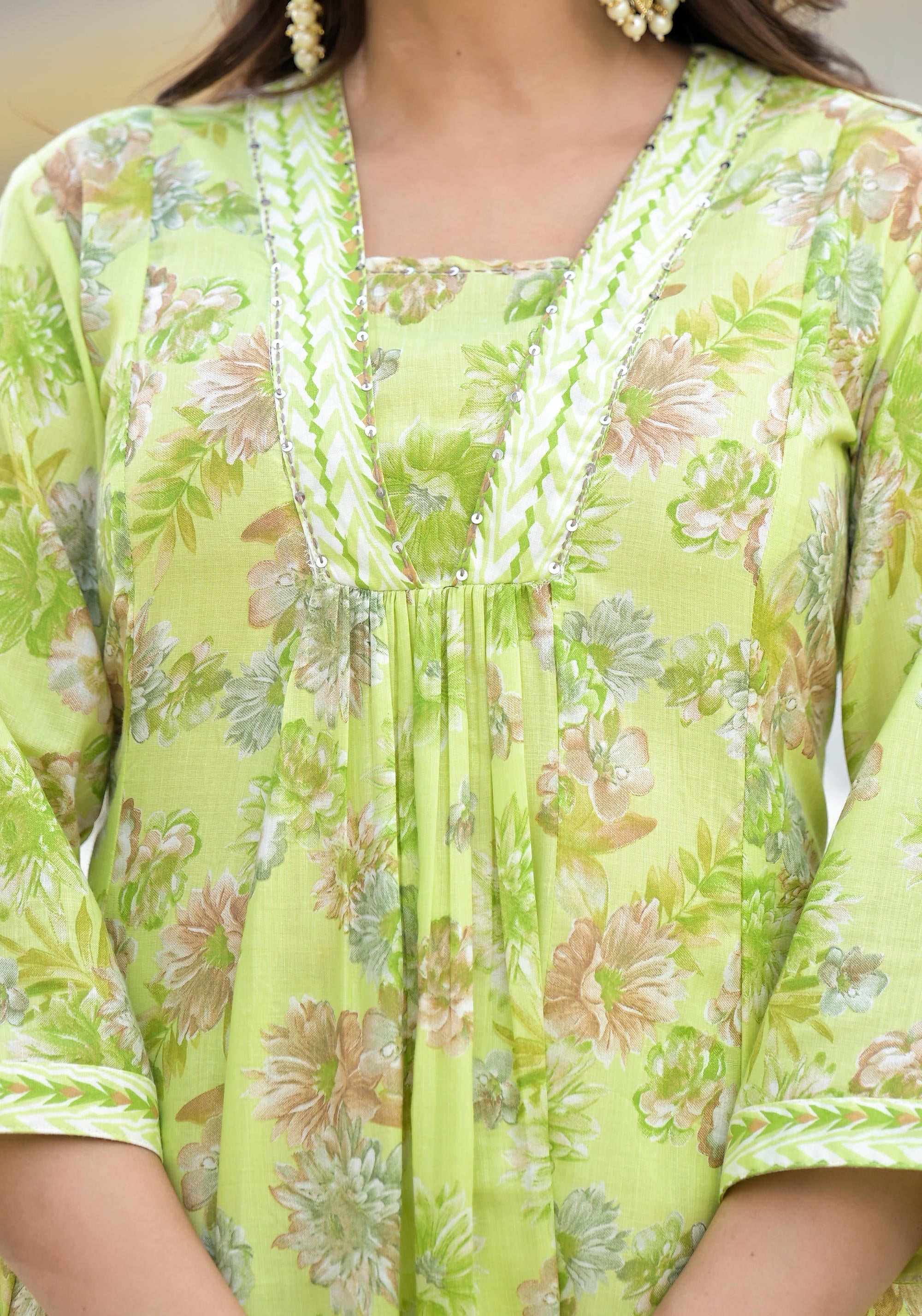 Pista Green Floral Printed Cotton Kurta Palazzo With Dupatta Set With Sequins