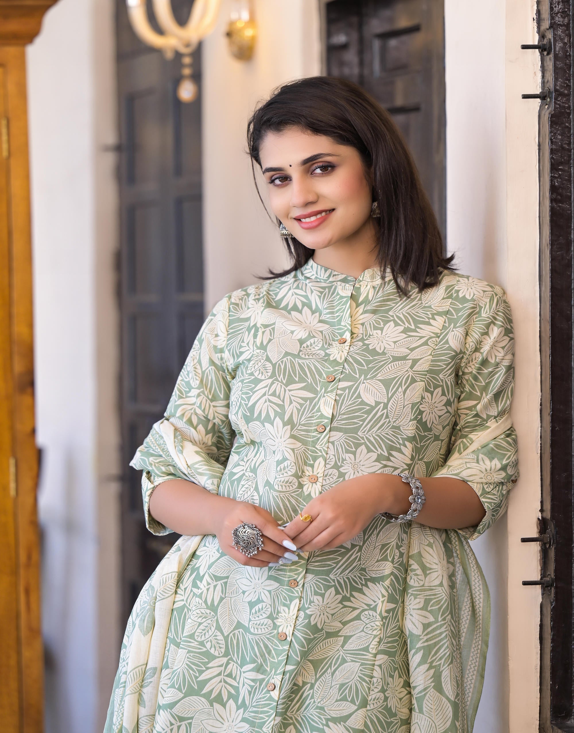 Green Floral Printed Cotton Kurta Set with Buttons