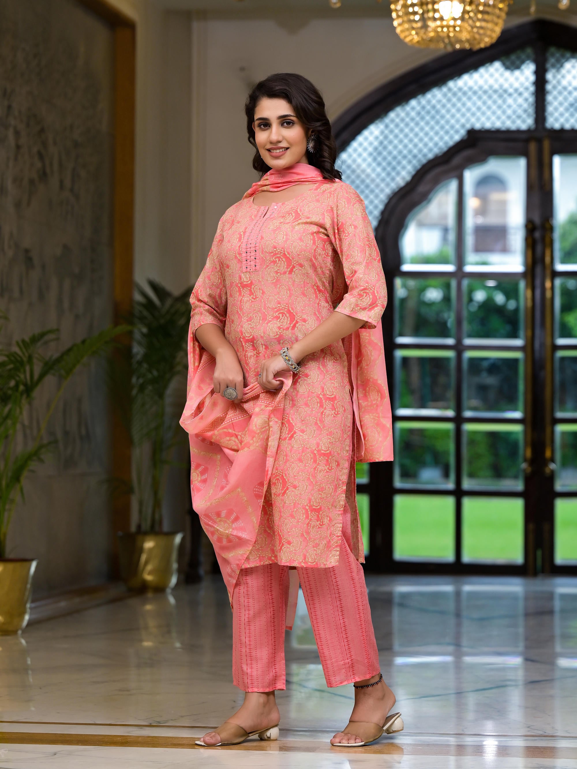Pink Ethnic Motif Printed Cotton Kurta Set With Mirror Work & Sequins