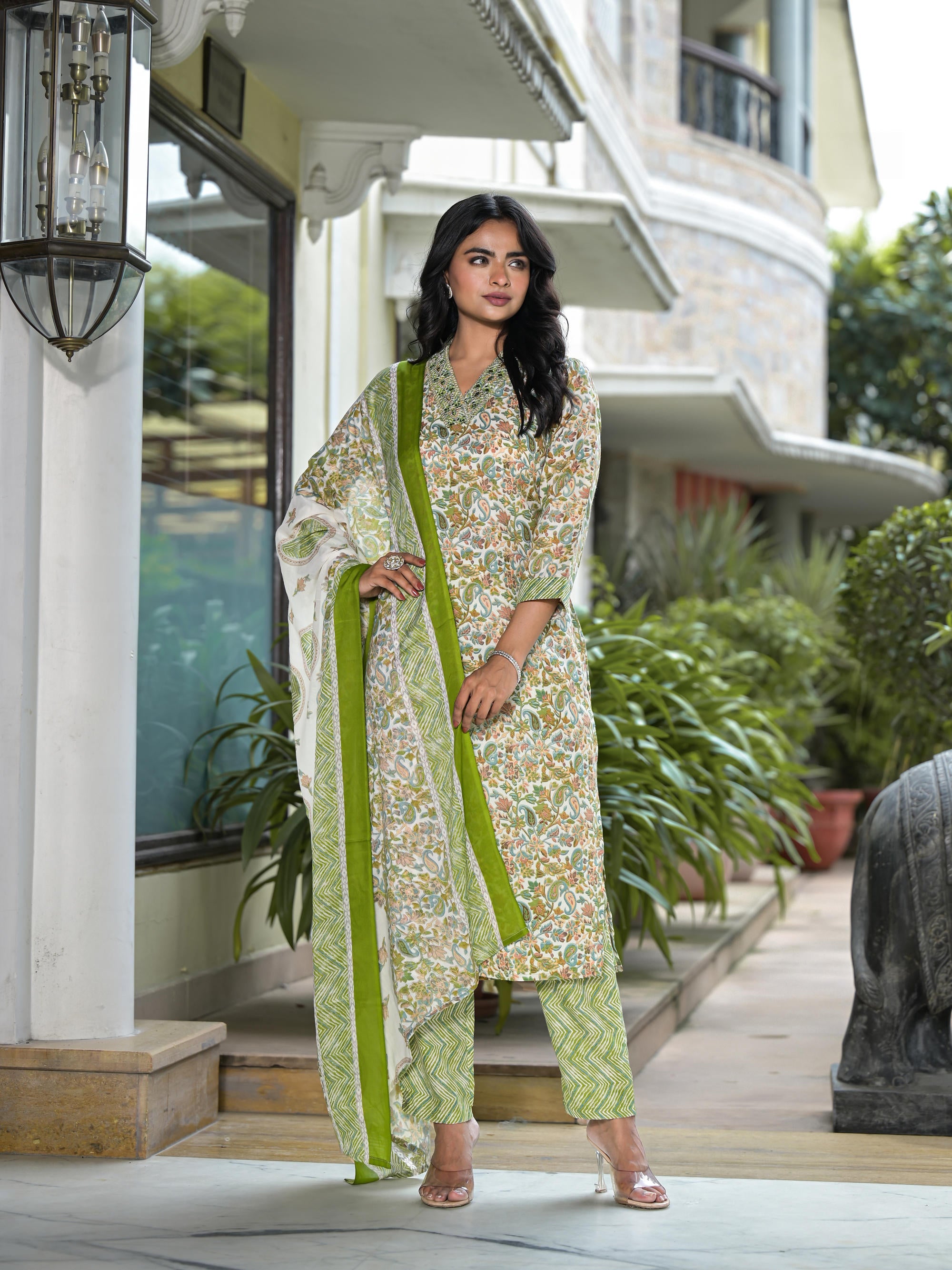 Pista Green Floral Printed Cotton Kurta Pant With Dupatta Set With Mirror & Thread Work