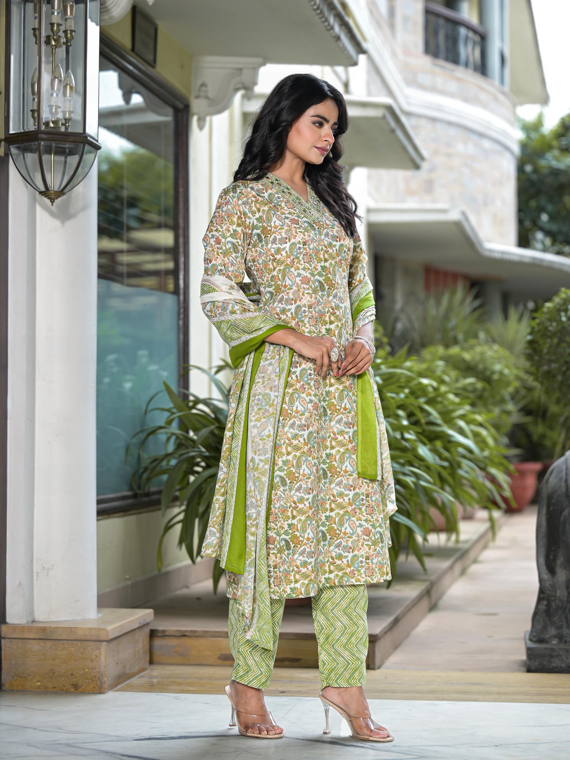 Pista Green Floral Printed Cotton Kurta Pant With Dupatta Set With Mirror & Thread Work