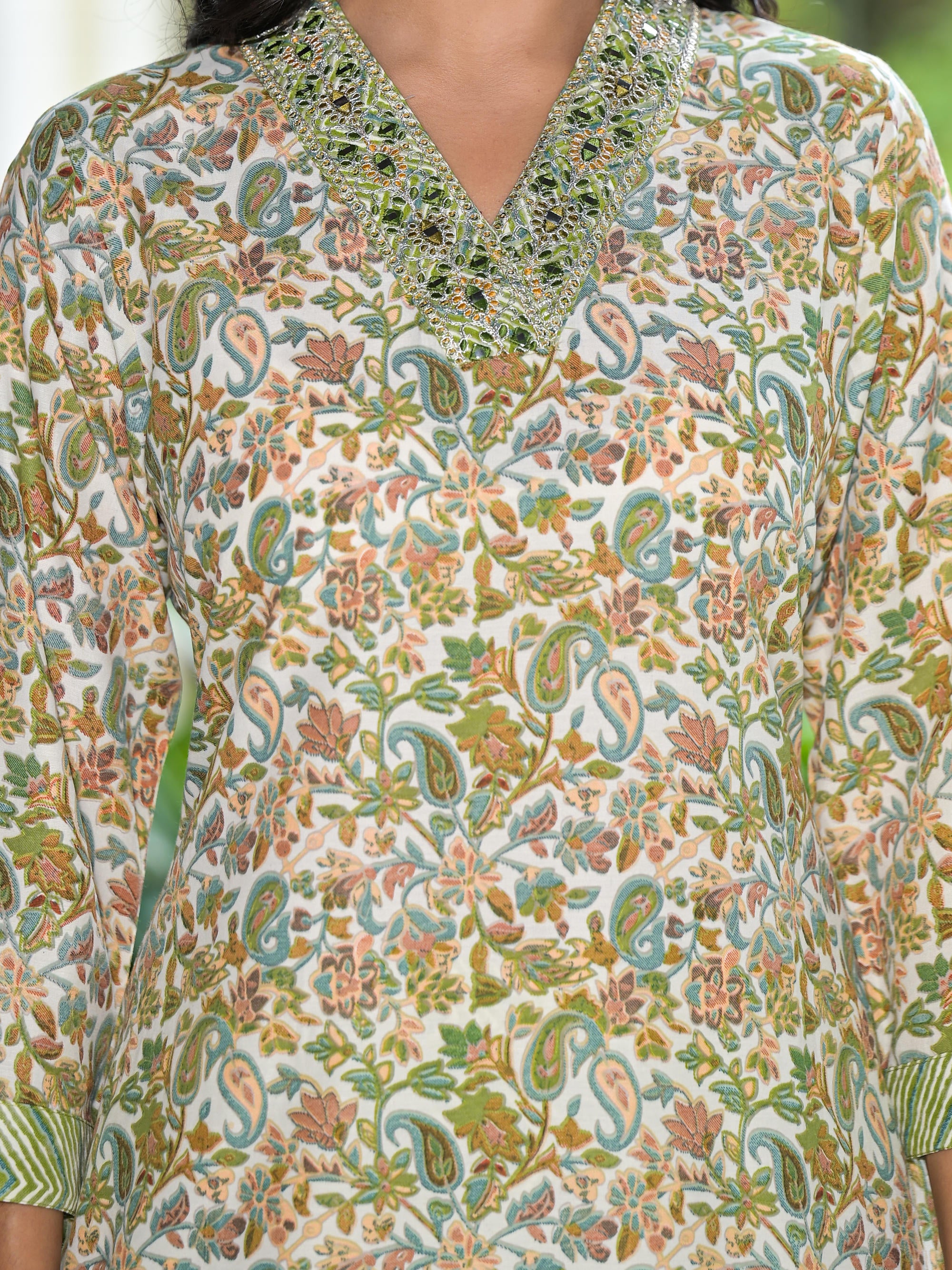 Pista Green Floral Printed Cotton Kurta Pant With Dupatta Set With Mirror & Thread Work