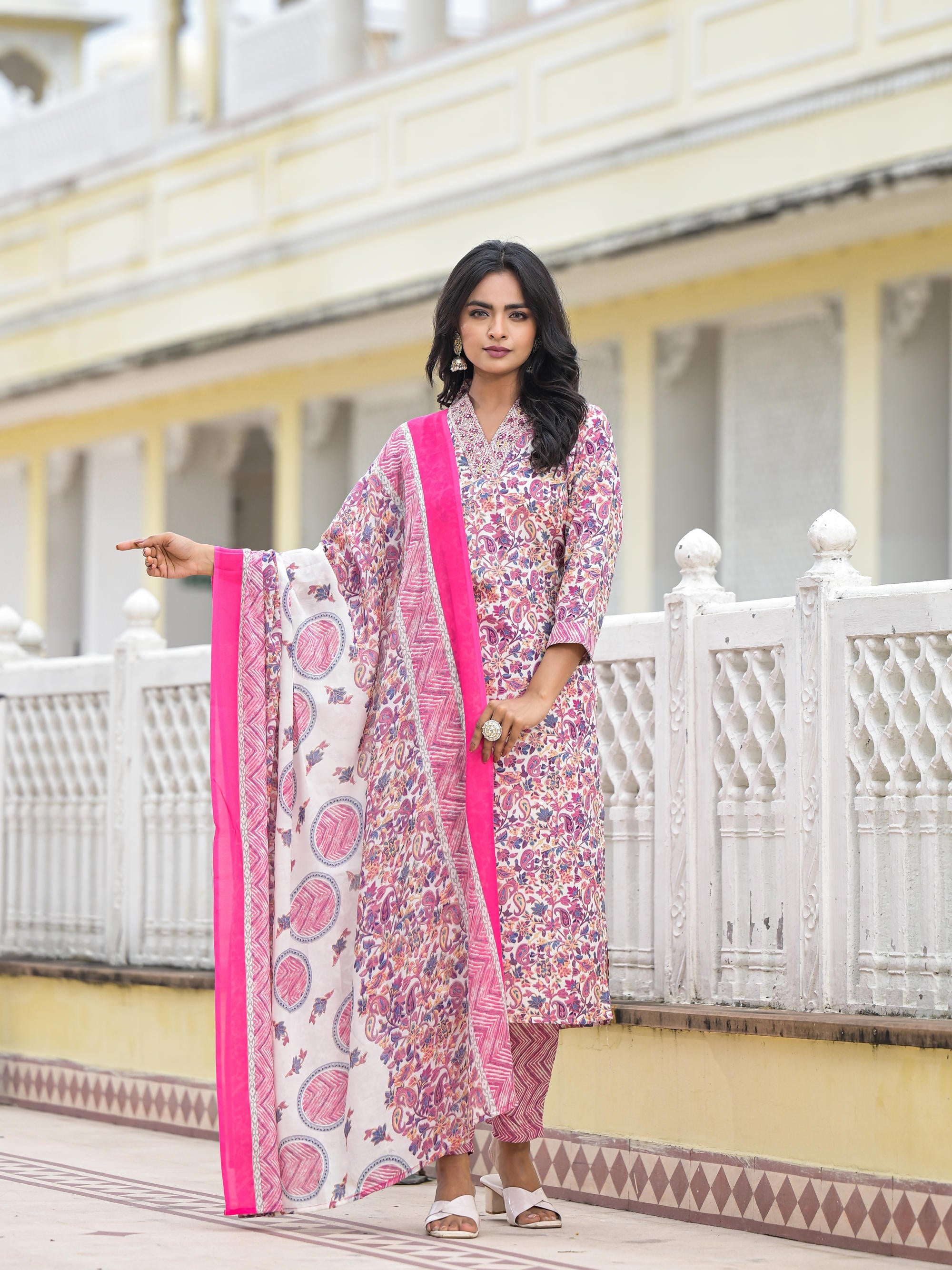 Purple Floral Printed Cotton Kurta Pant With Dupatta Set With Mirror & Thread Work