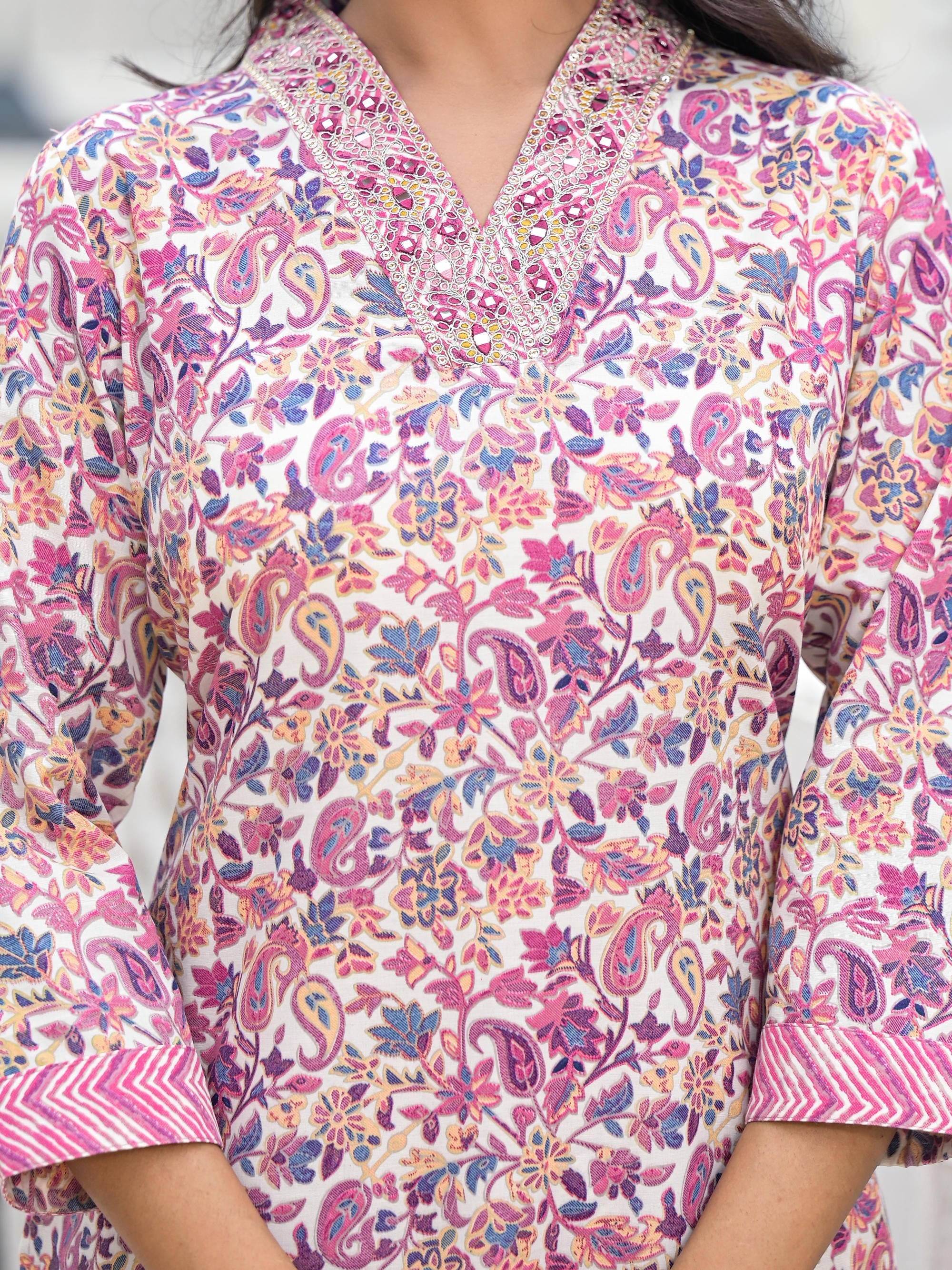 Purple Floral Printed Cotton Kurta Pant With Dupatta Set With Mirror & Thread Work