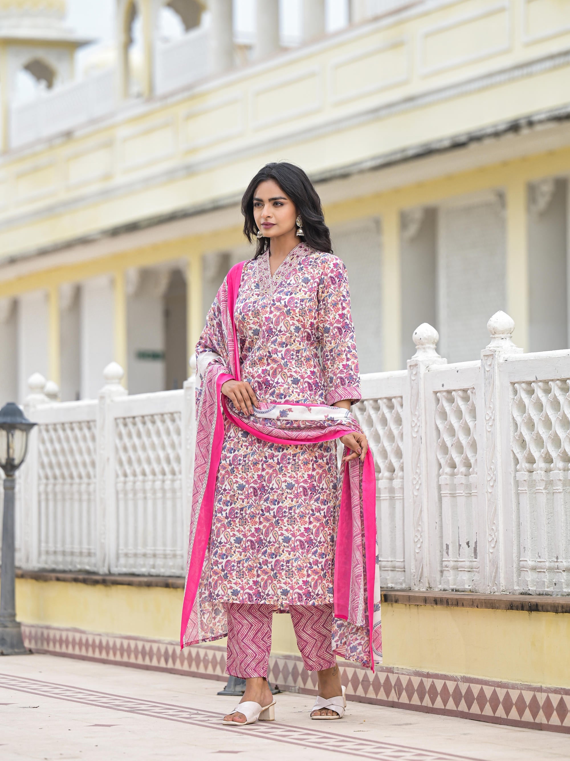 Purple Floral Printed Cotton Kurta Pant With Dupatta Set With Mirror & Thread Work