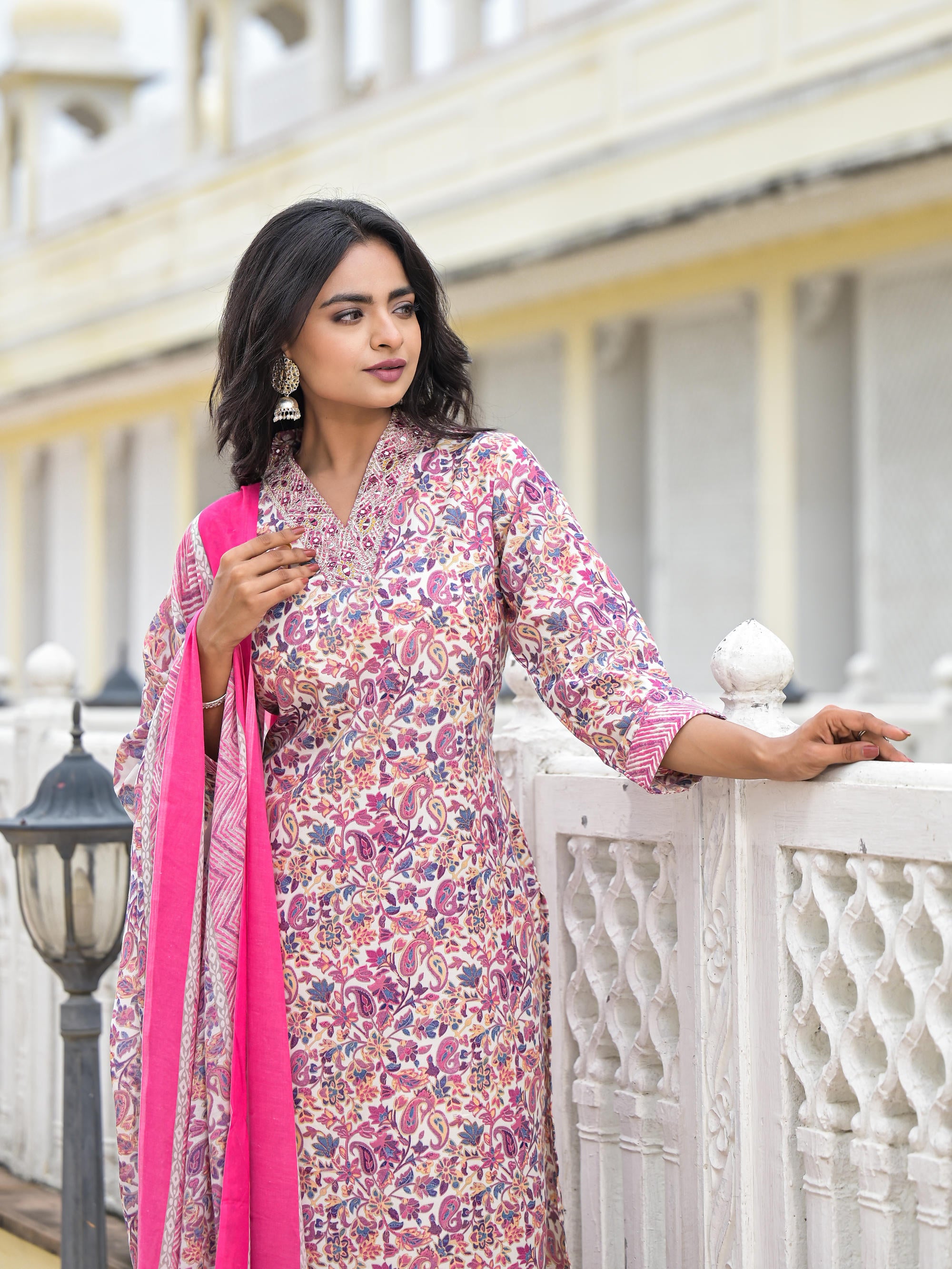Purple Floral Printed Cotton Kurta Pant With Dupatta Set With Mirror & Thread Work