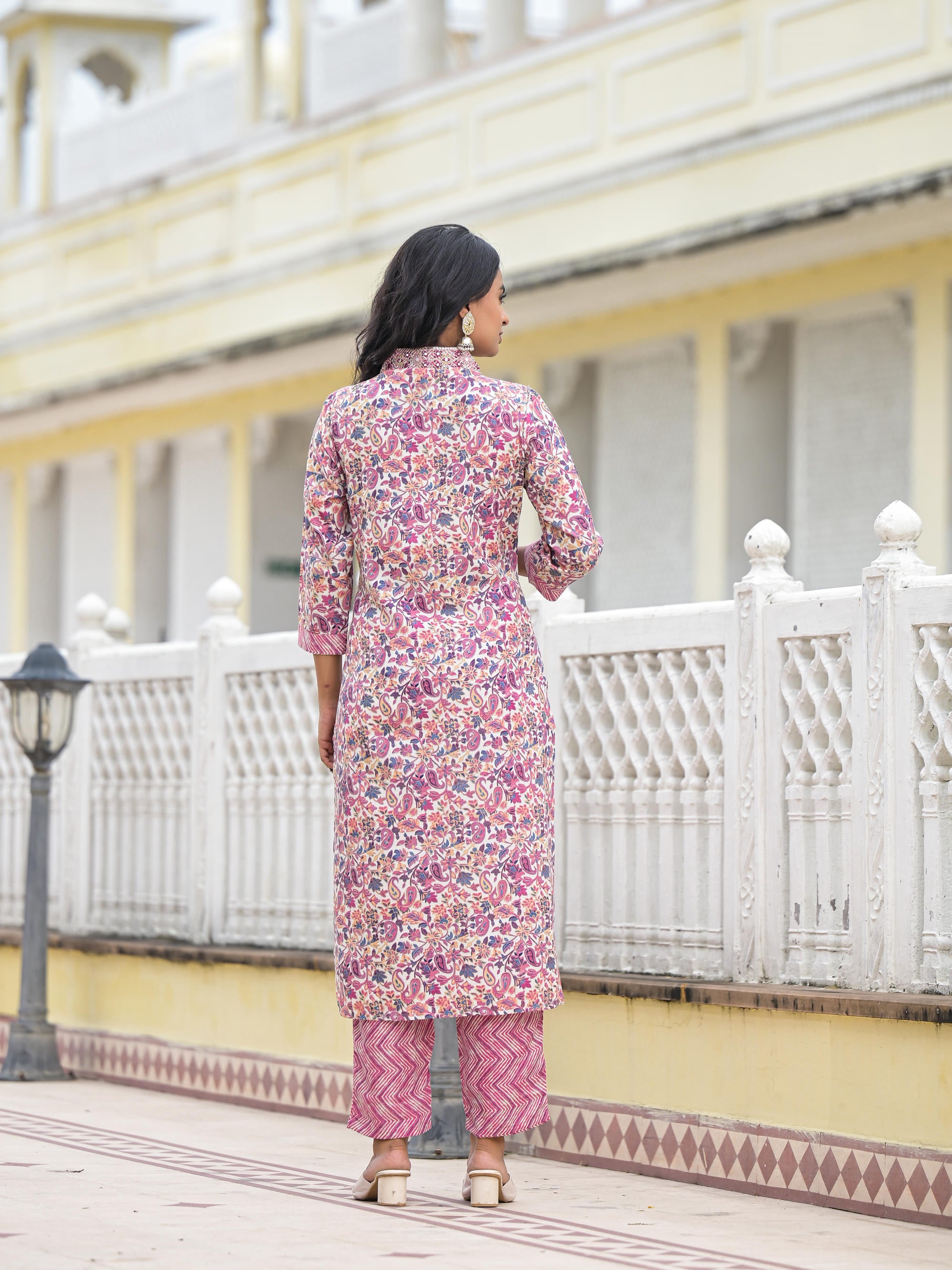 Purple Floral Printed Cotton Kurta Pant With Dupatta Set With Mirror & Thread Work