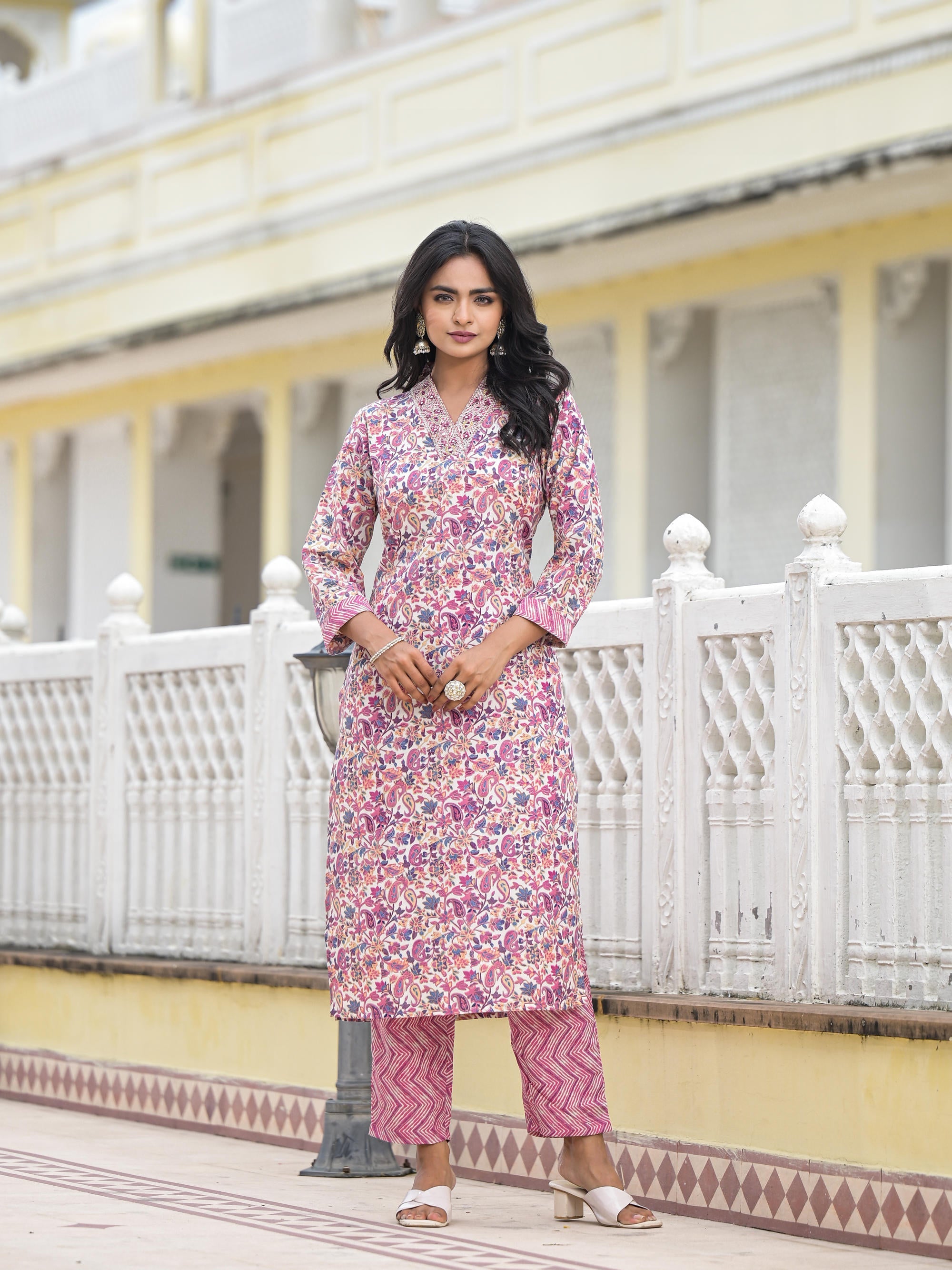 Purple Floral Printed Cotton Kurta Pant With Dupatta Set With Mirror & Thread Work
