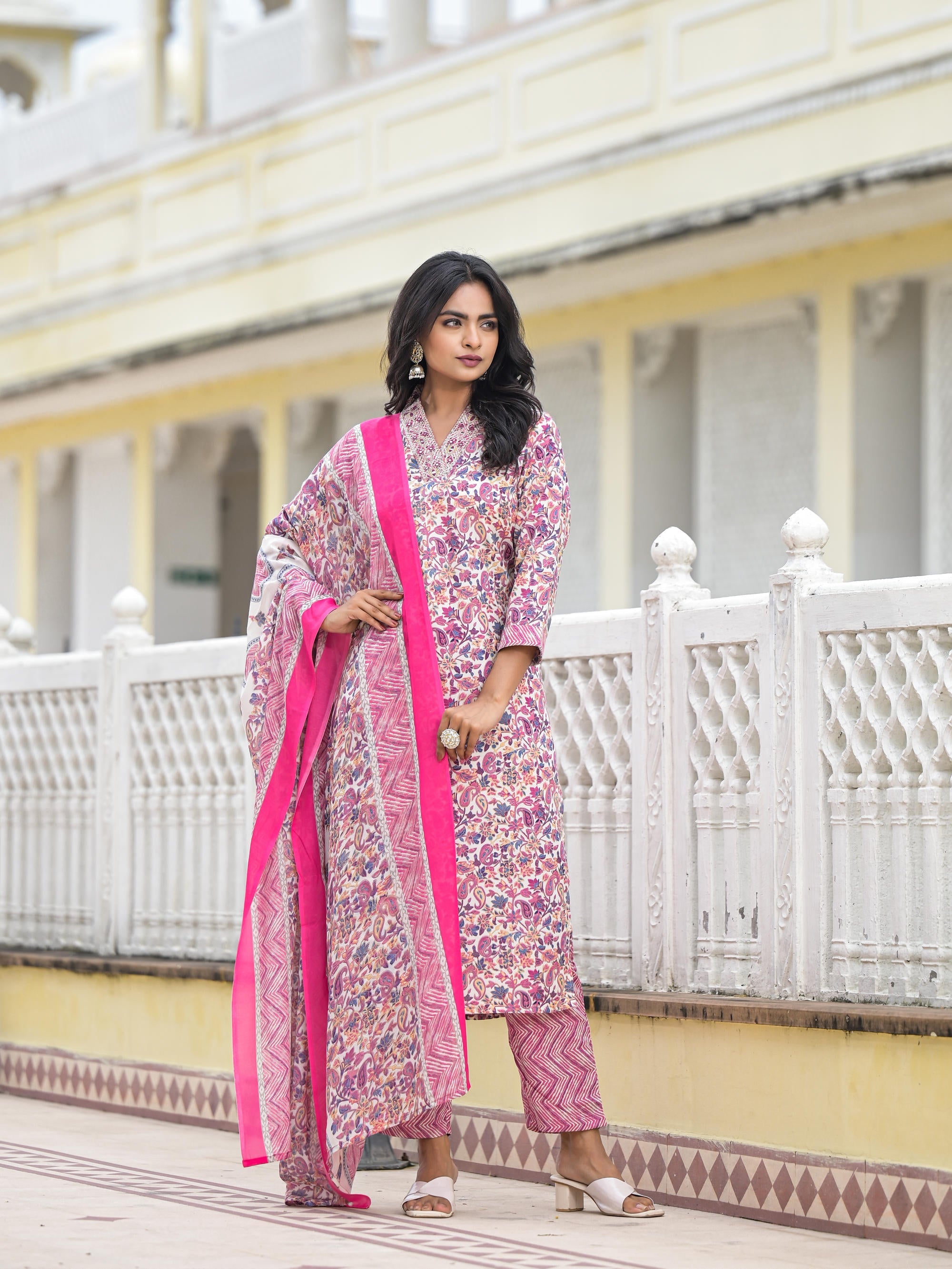 Purple Floral Printed Cotton Kurta Pant With Dupatta Set With Mirror & Thread Work
