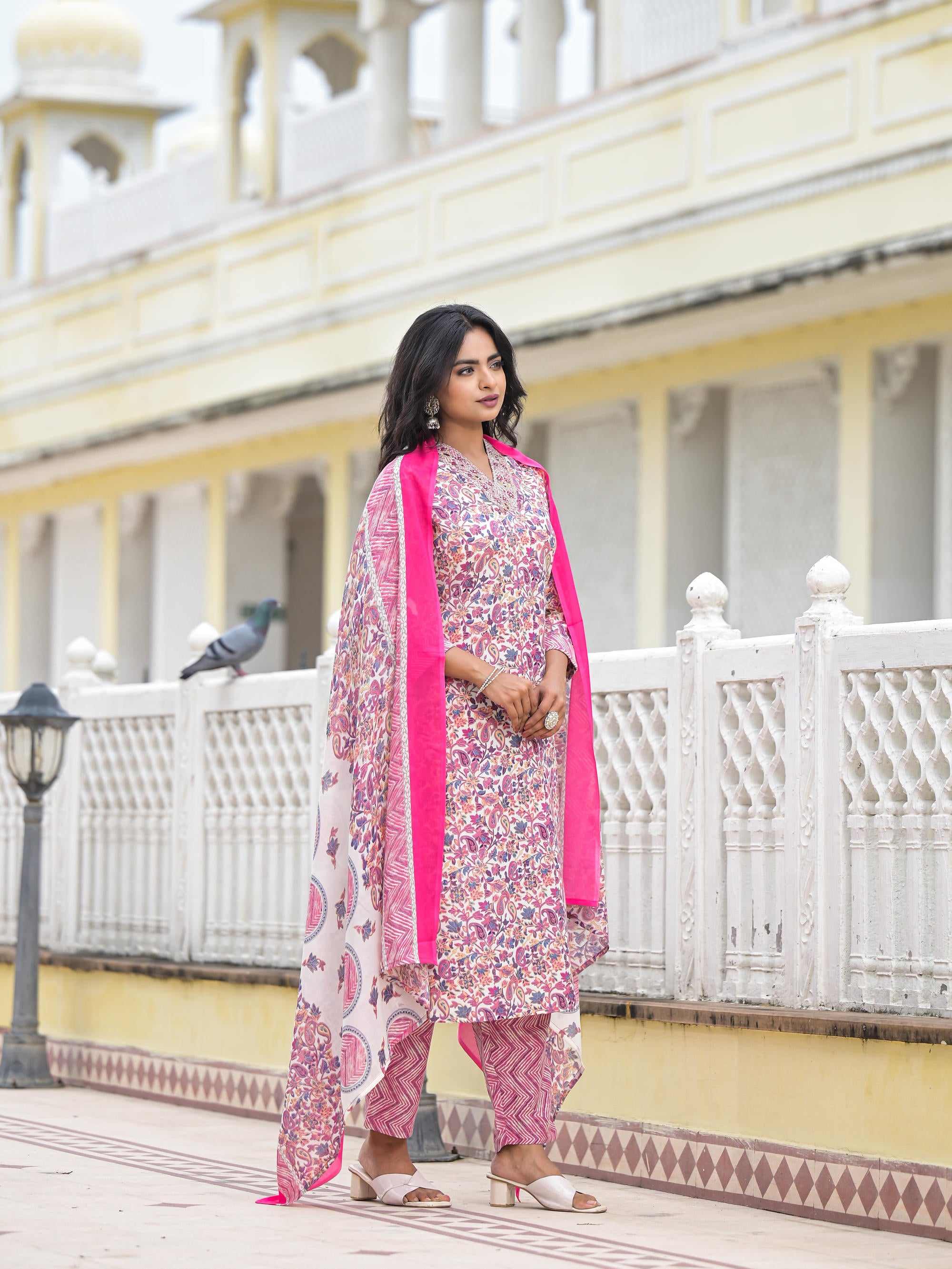 Purple Floral Printed Cotton Kurta Pant With Dupatta Set With Mirror & Thread Work
