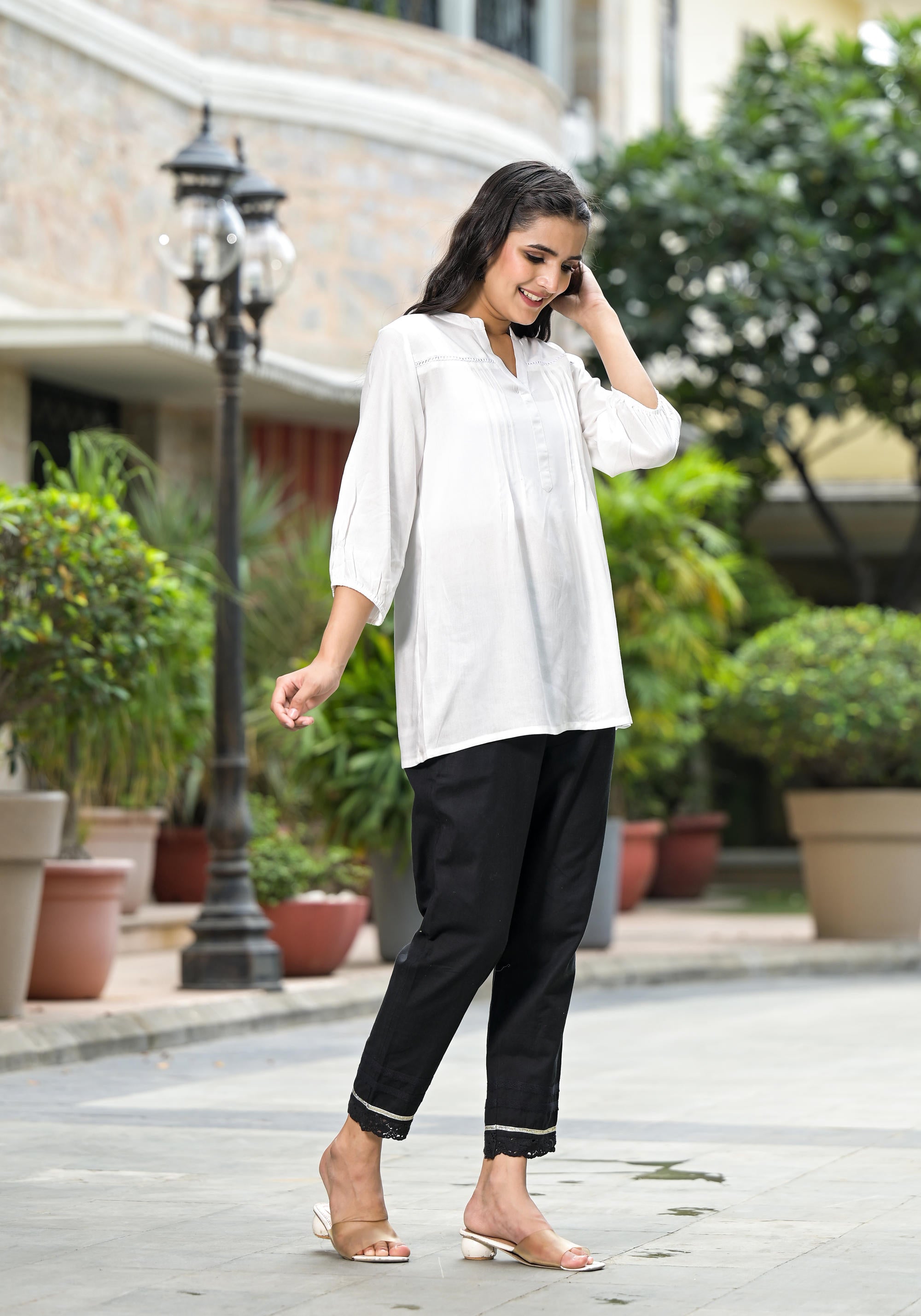 White Solid Rayon Top With Mandarin Collar