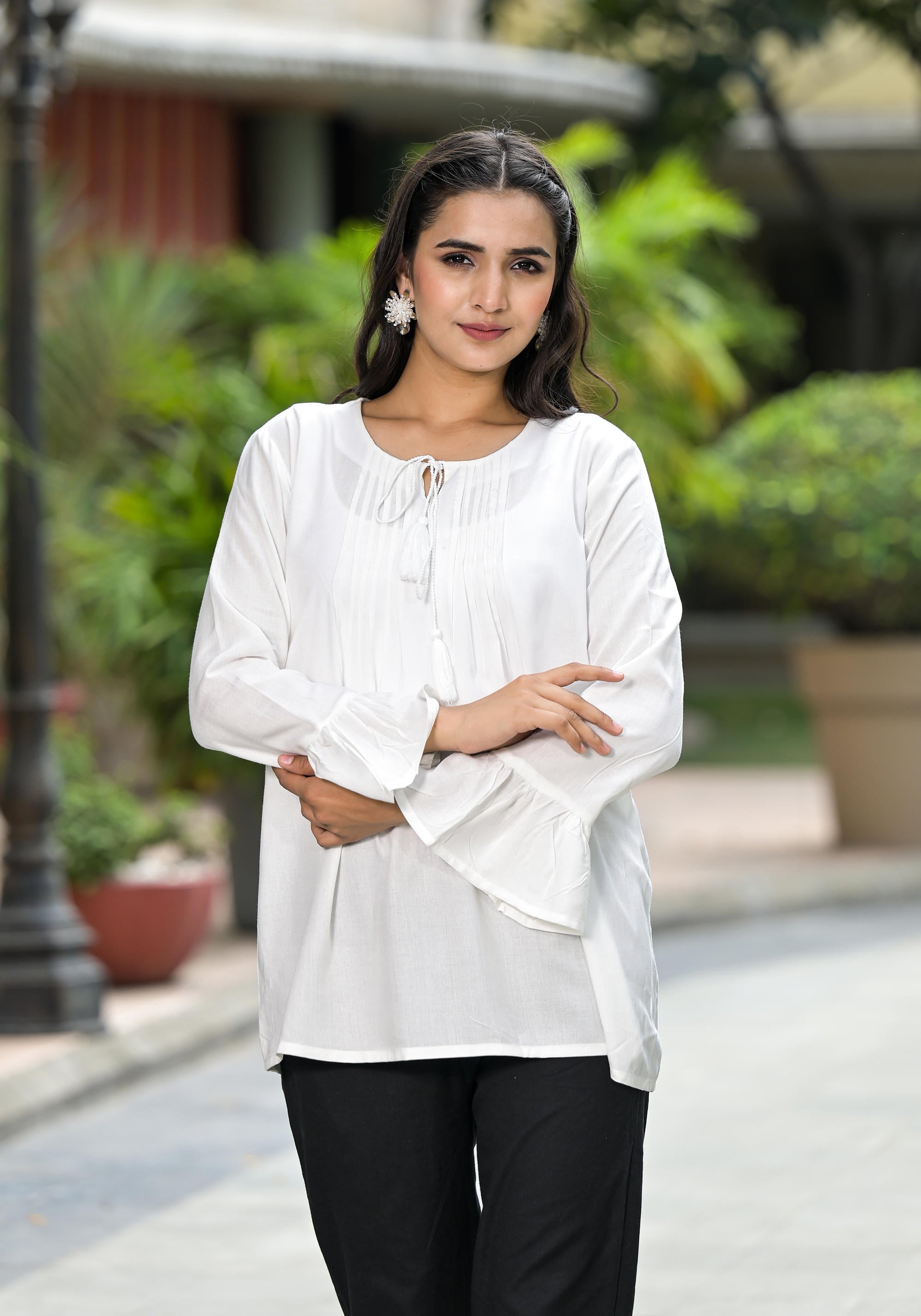 White Solid Rayon Top With Tassels Doris