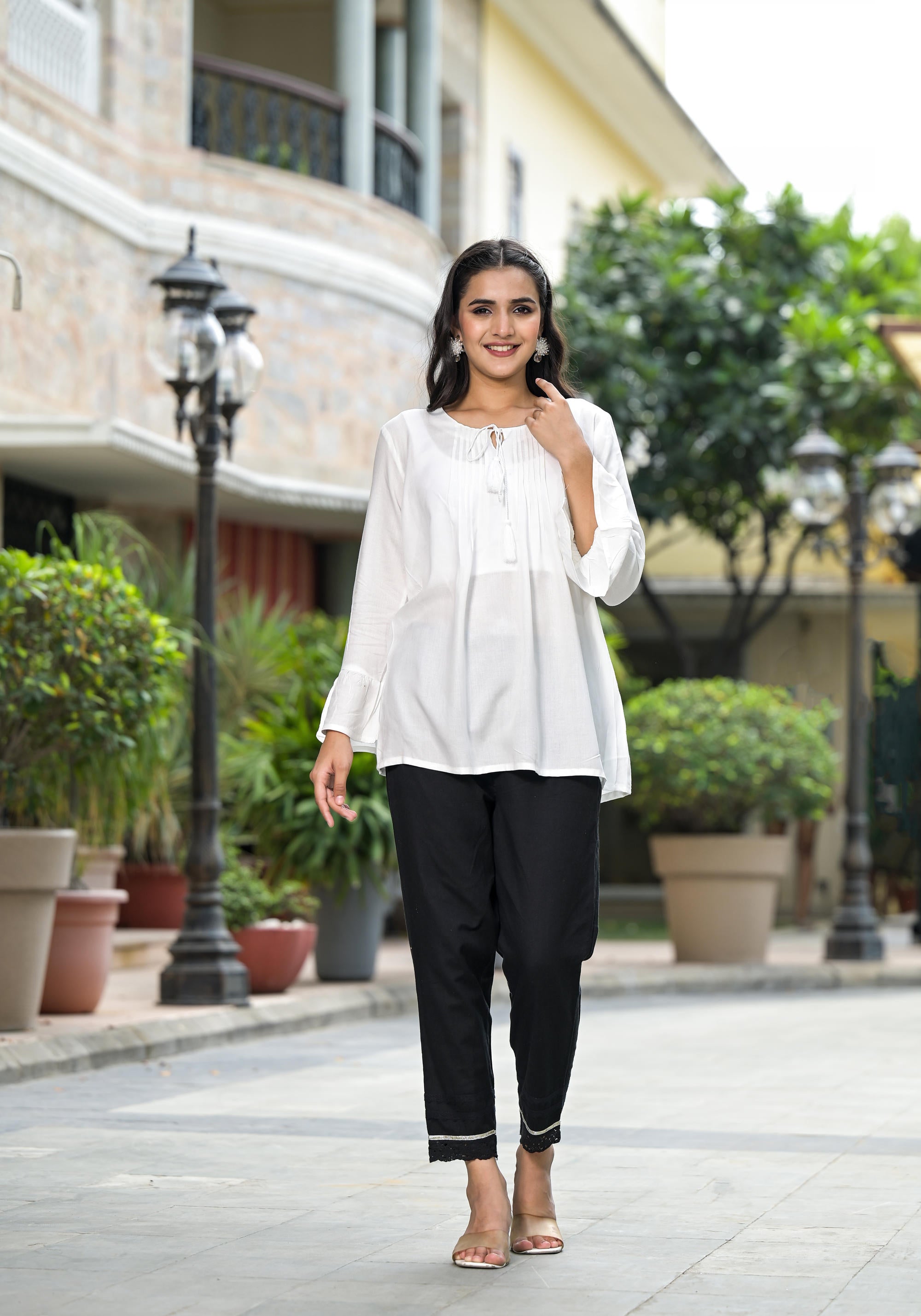White Solid Rayon Top With Tassels Doris