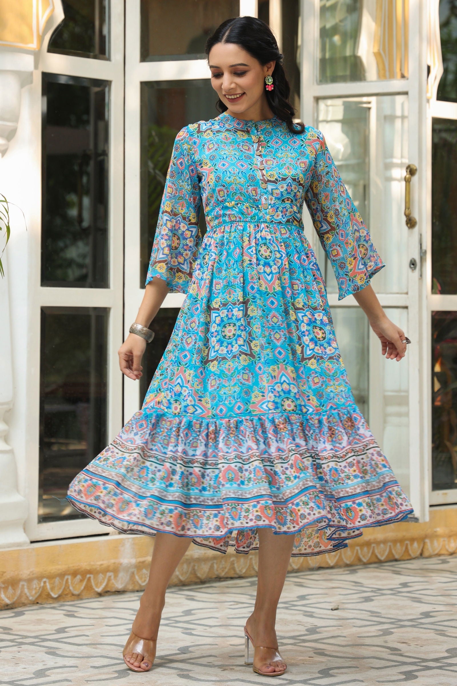 Aqua Blue Geometric Chiffon Tiered Maxi Dress with Buttons