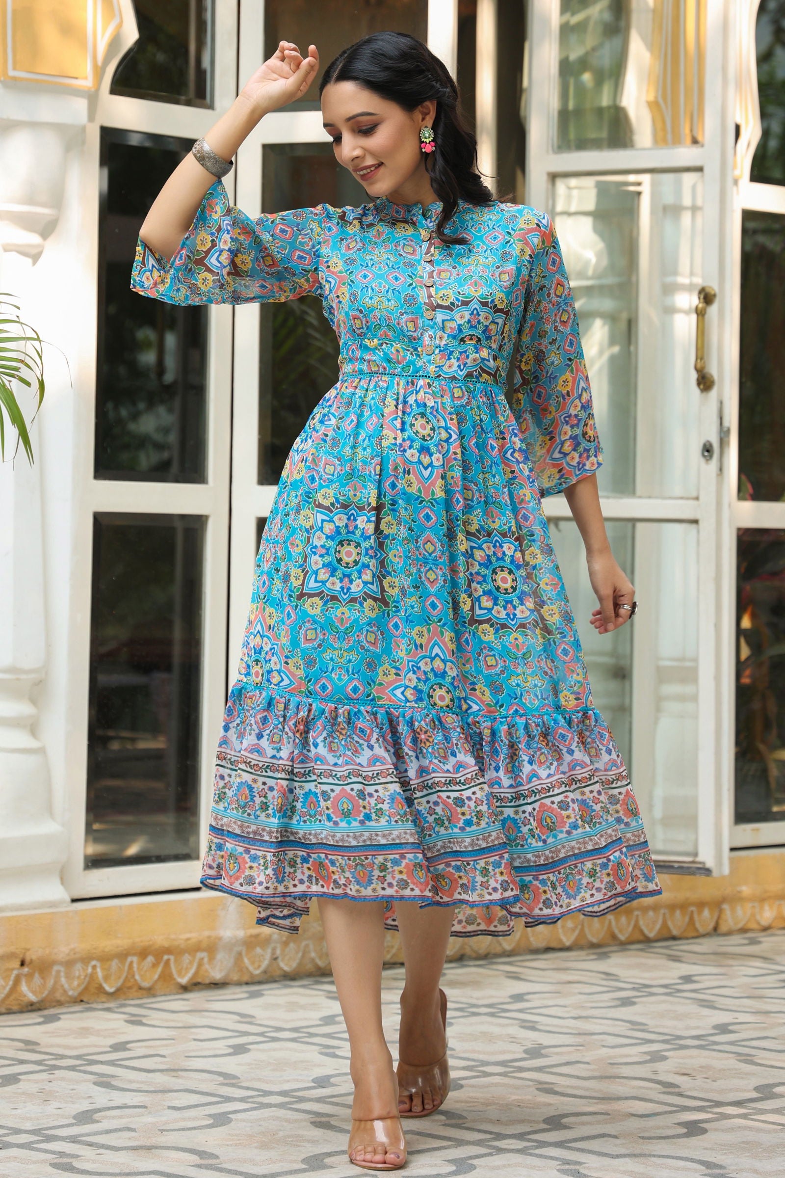 Juniper Aqua Blue Geometric Printed Chiffon Tiered Maxi Dress With Buttons.