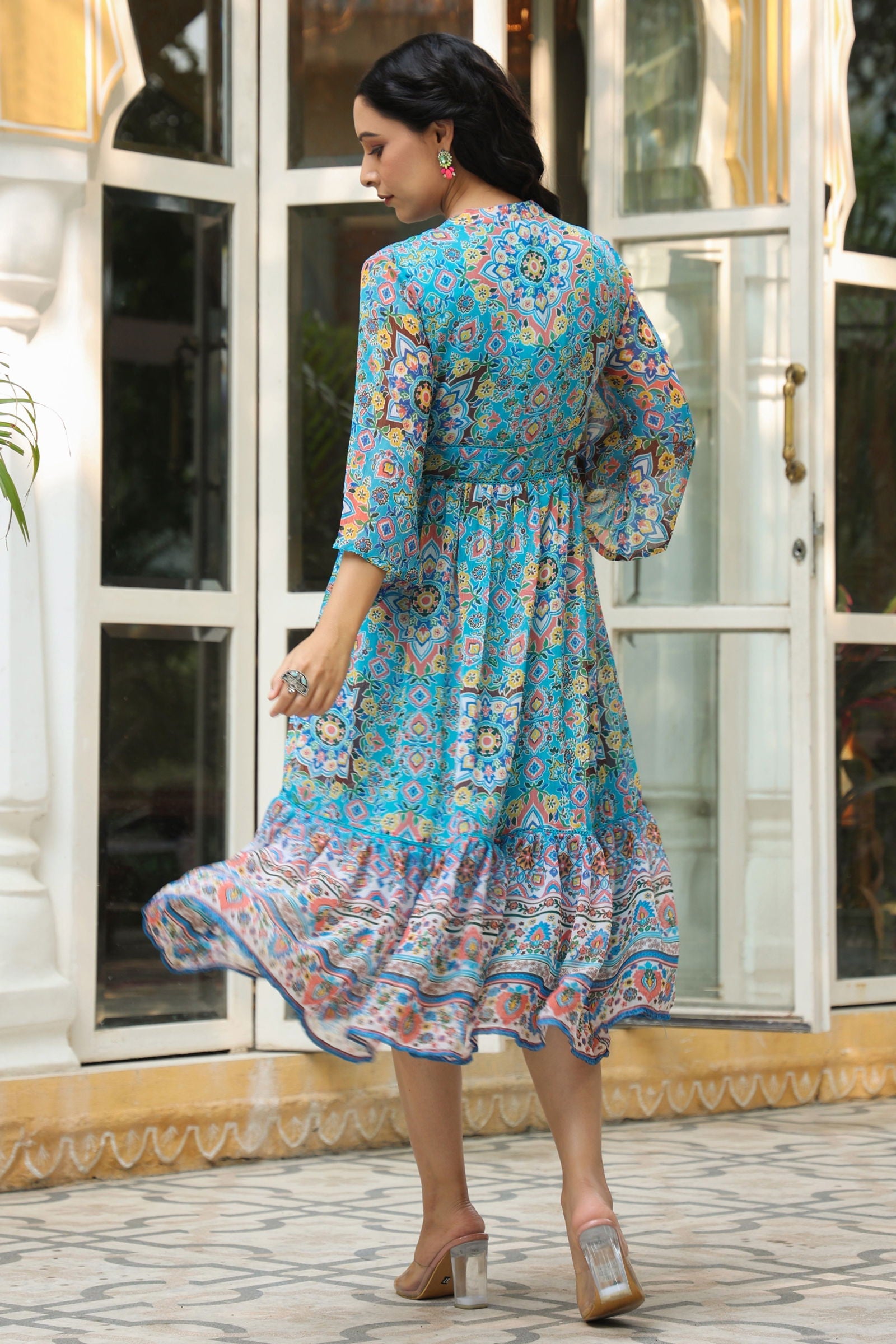 Juniper Aqua Blue Geometric Printed Chiffon Tiered Maxi Dress With Buttons.