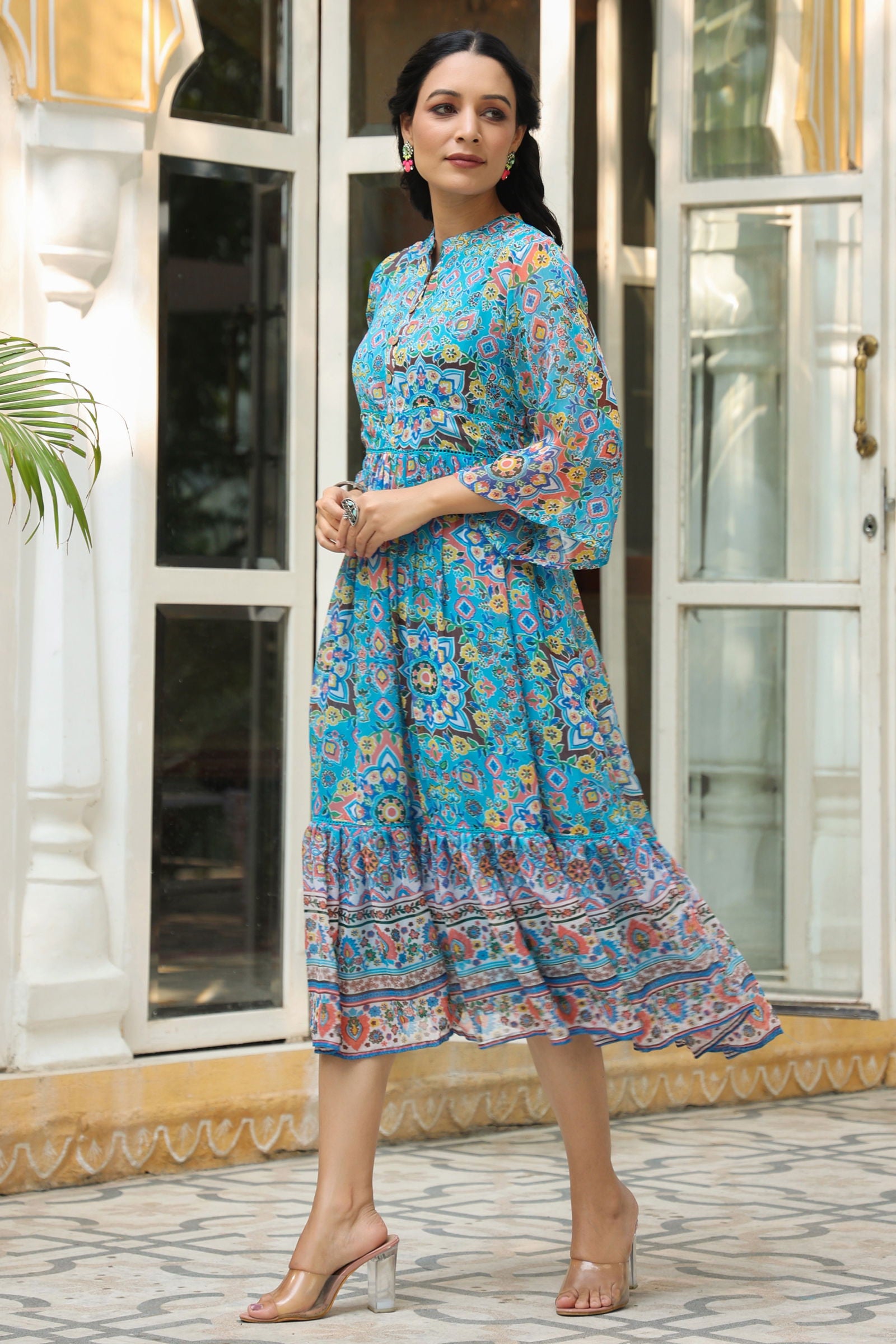 Juniper Aqua Blue Geometric Printed Chiffon Tiered Maxi Dress With Buttons.