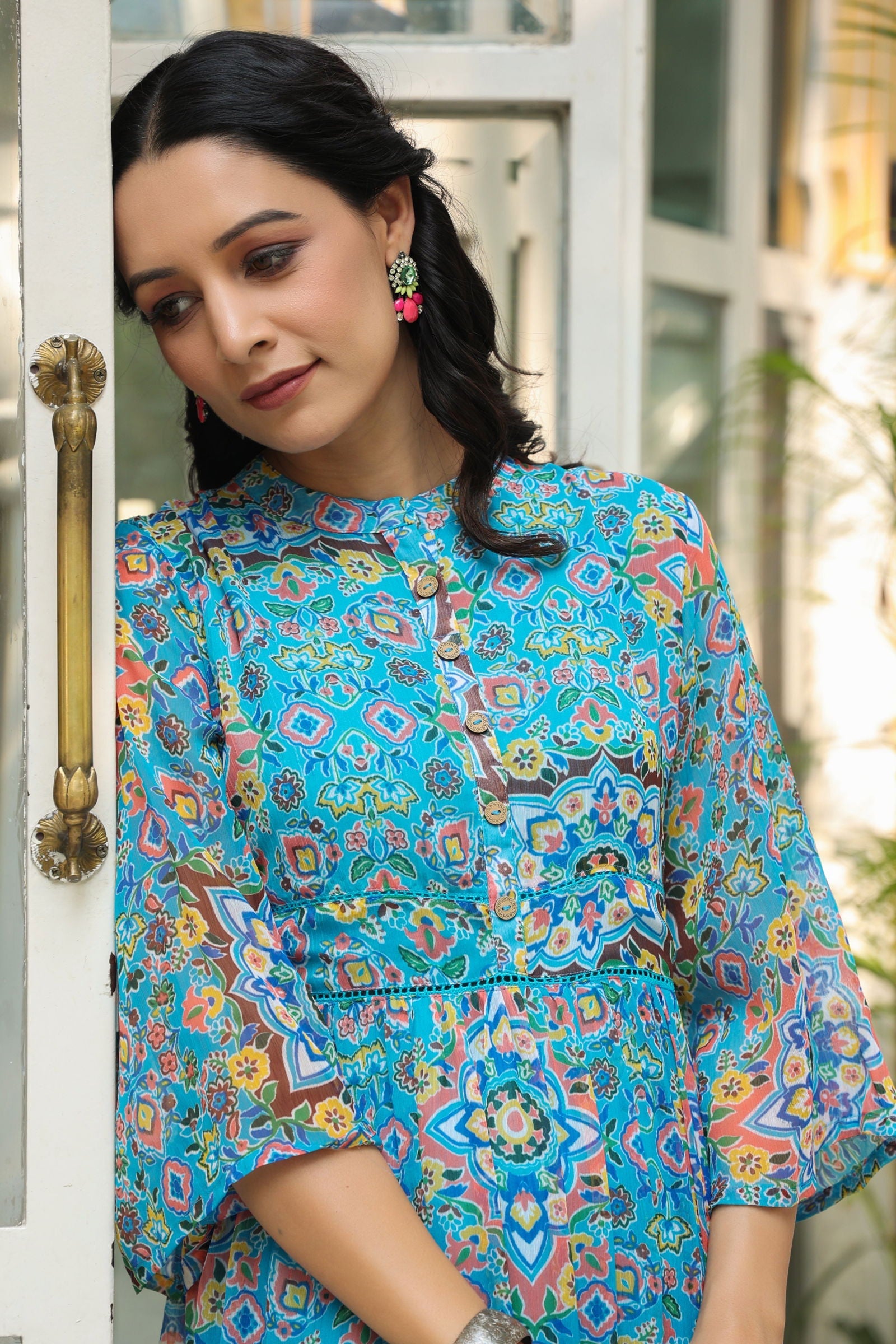 Juniper Aqua Blue Geometric Printed Chiffon Tiered Maxi Dress With Buttons.