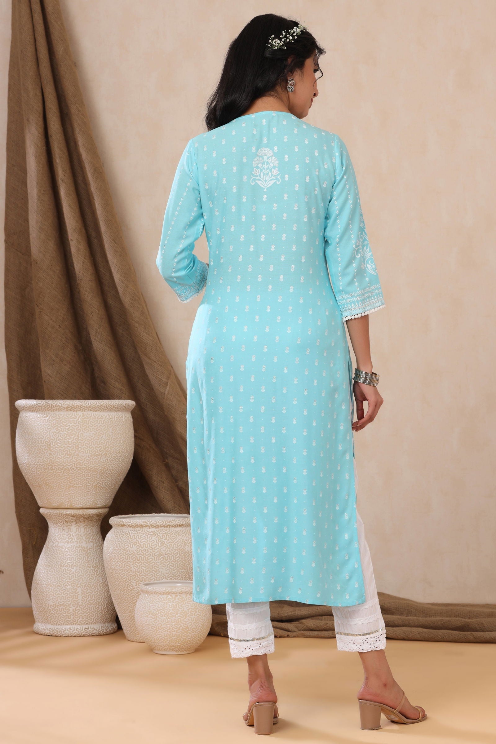 Juniper Aqua Ethnic Motif Printed Rayon Kurta With Lace Work